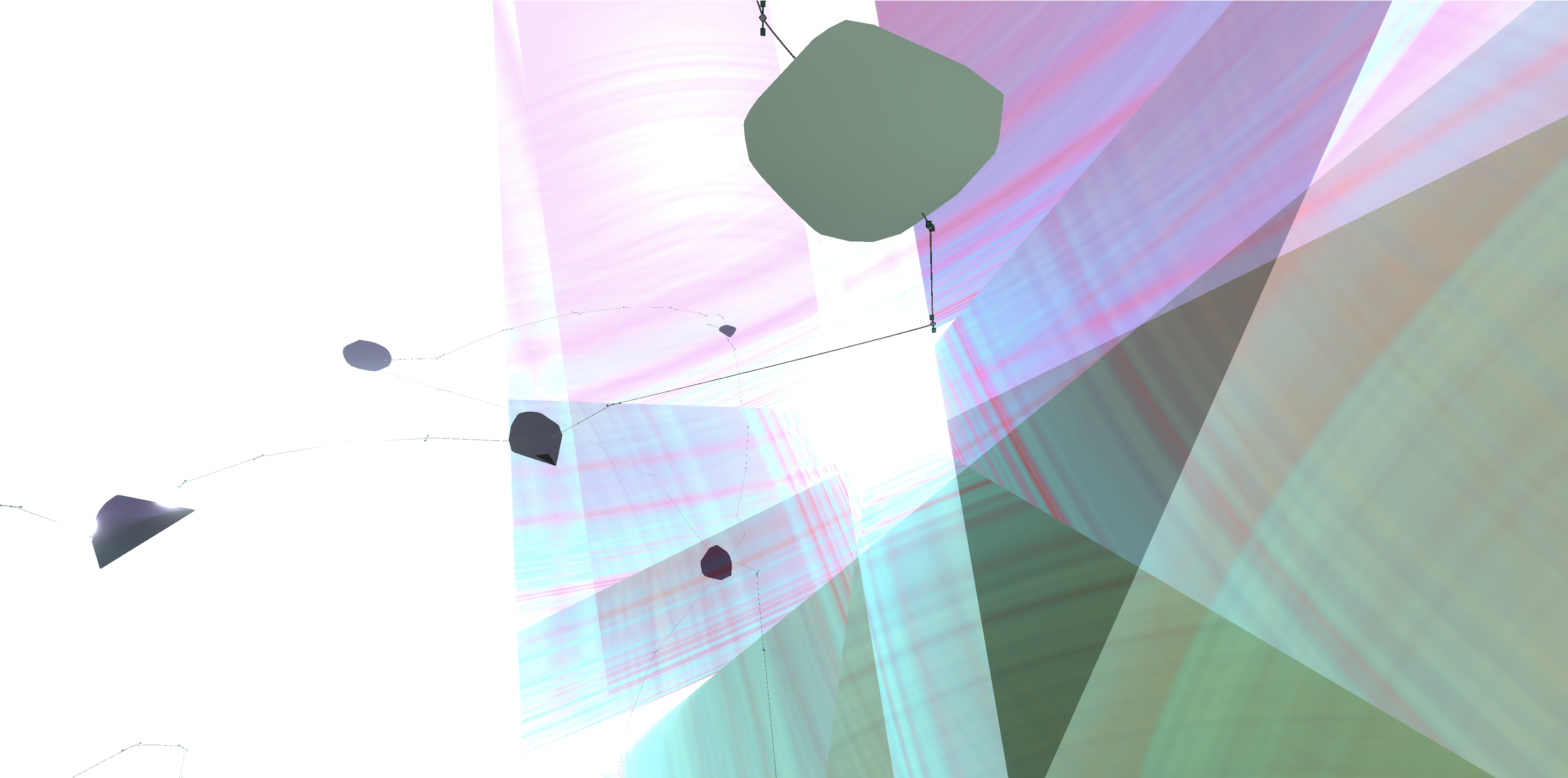 A digital image of a VR world created by artist Caroline Coolidge showing abstract bright glasslike sheets. They are colored white, gray, pink, green, and blue, with gray bolder-like objects interspersed, all on top of a distant dark background.