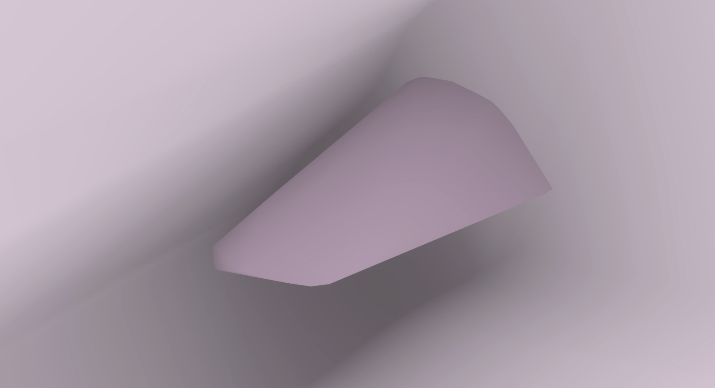 A digital image of a VR world created by artist Caroline Coolidge showing the interior of a pale pink semi-circular object with another large pale pink, somewhat more angular form in the center.