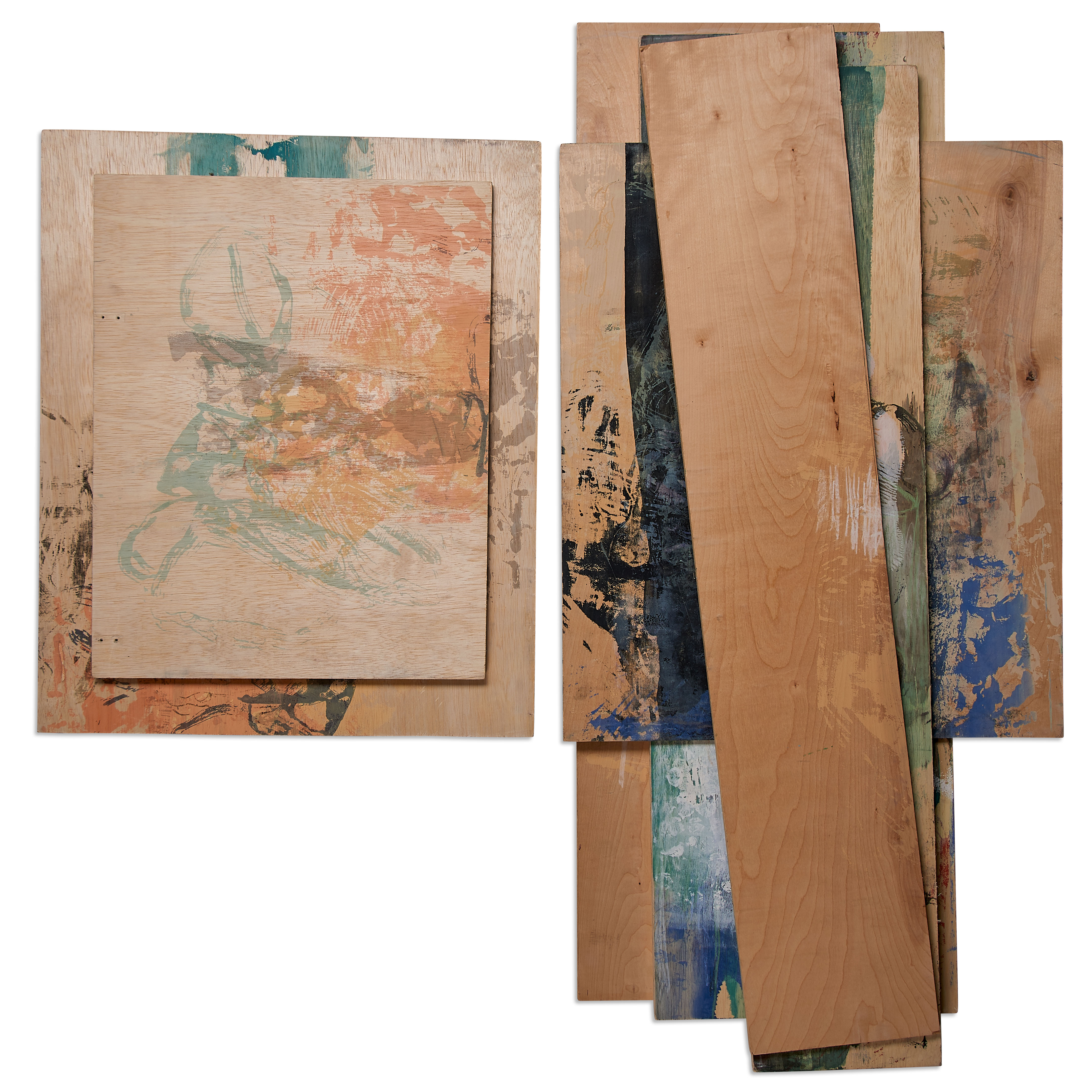 Photograph of an artwork by artist Caroline Coolidge showing two plywood stacks, a smaller one on the left. The plywood has screen-printed abstract imagery across it, but it is still possible to see the original texture and color of the wood.