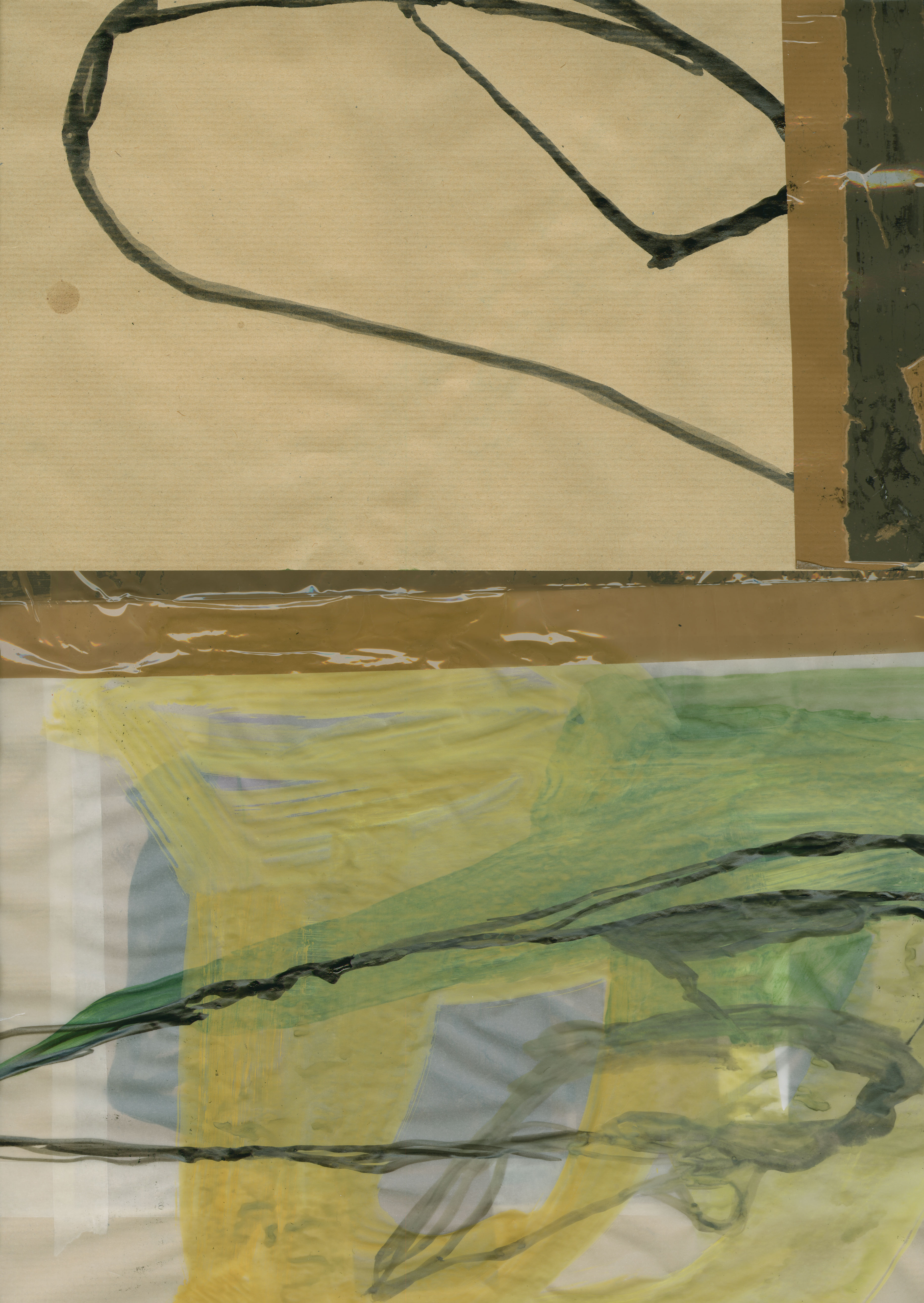 An abstract collage by artist Caroline Coolidge made from gray tracing paper, brown paper, and brown masking tape.