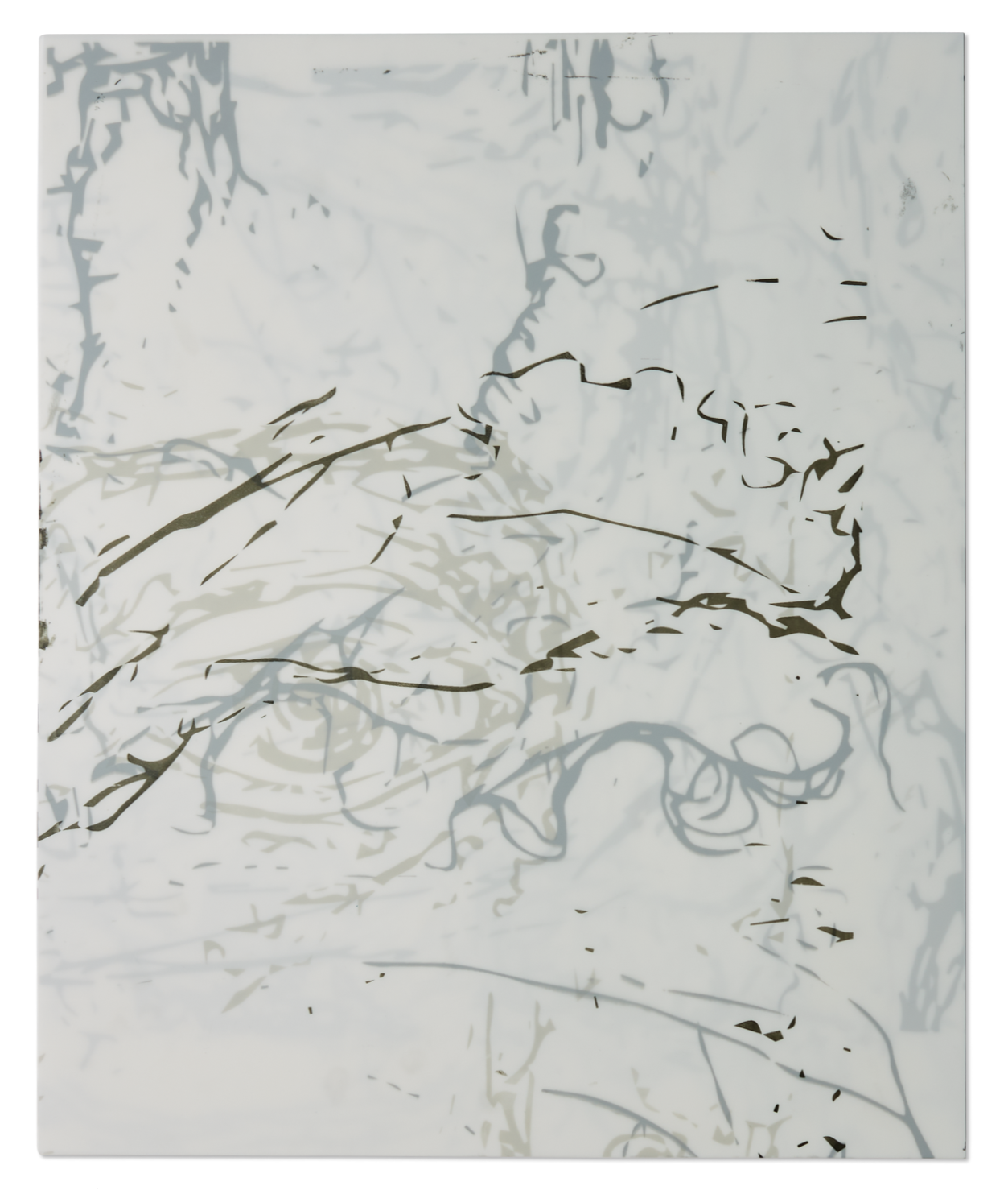 Photograph of an artwork by artist Caroline Coolidge showing stacks of transparent paper with abstract gray line drawings on a white background.
