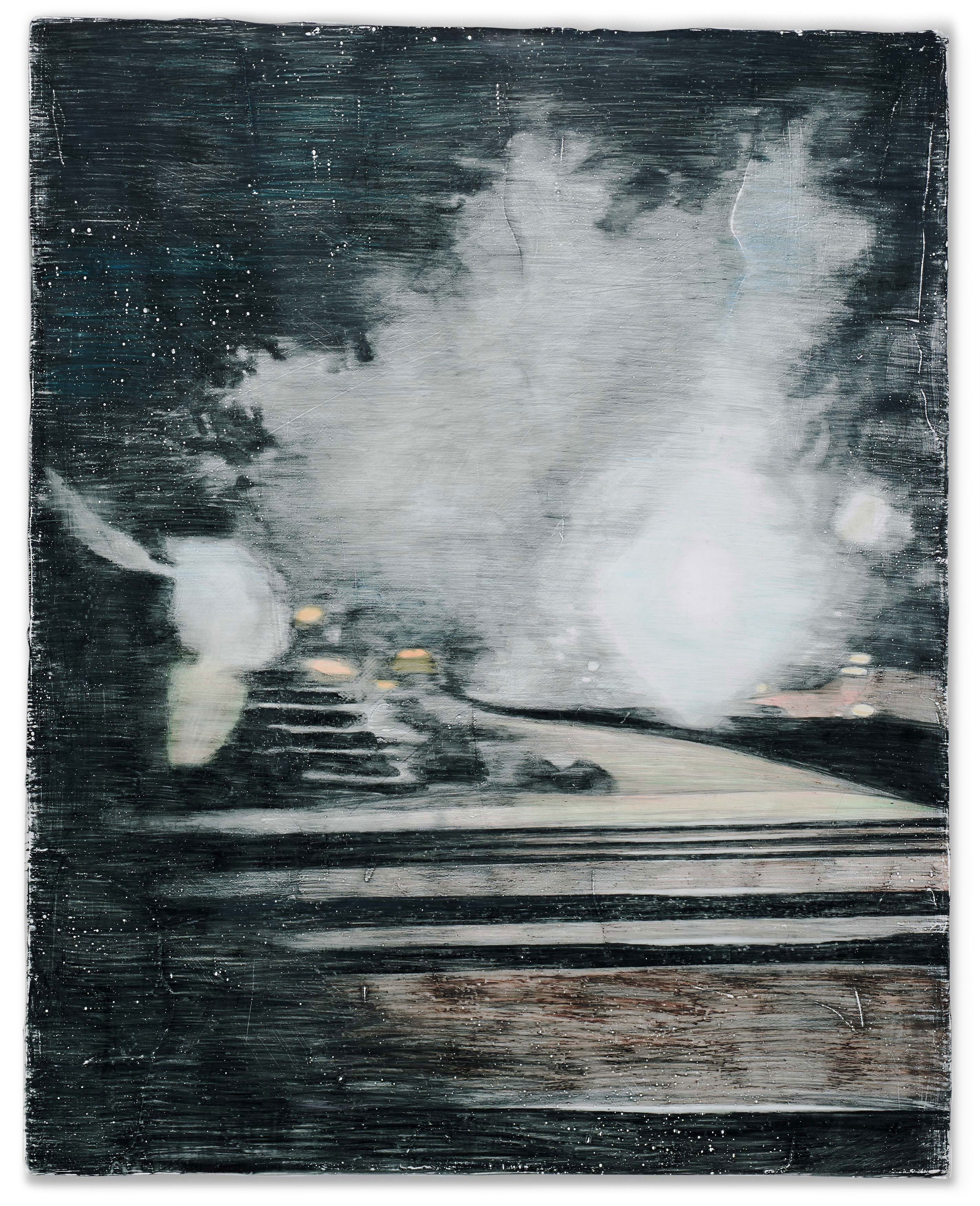 A semi-abstract colored pencil drawing by artist Caroline Coolidge that shows a dark landscape with horizontal lines in the foreground and a large bright cloud-like form in the top half of the drawing.