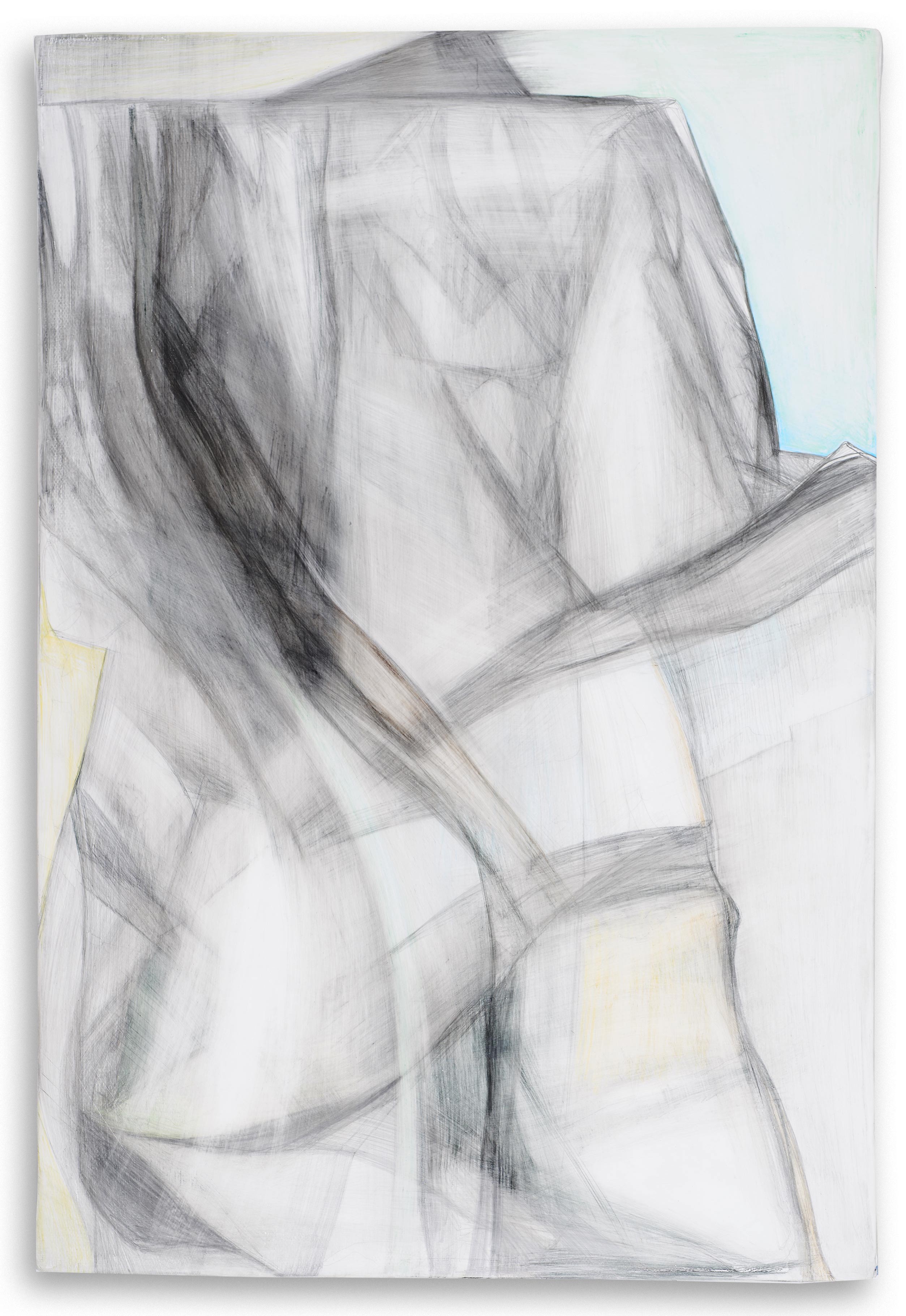 A vertical abstract, delicate pencil drawing with a central abstract angular form by artist Caroline Coolidge.