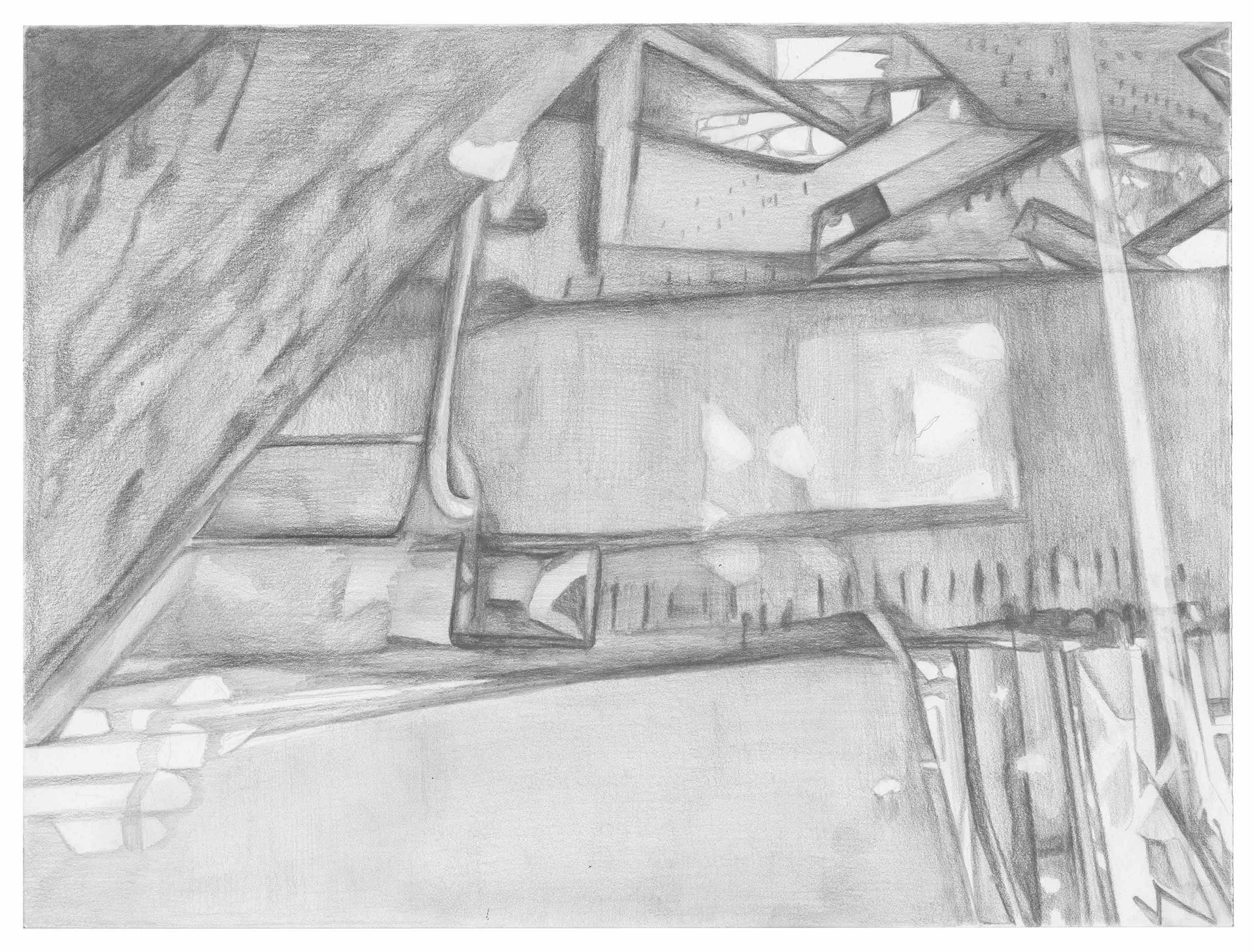 A semi-abstract pencil drawing of an industrial landscape with large tone variation and texture by artist Caroline Coolidge.