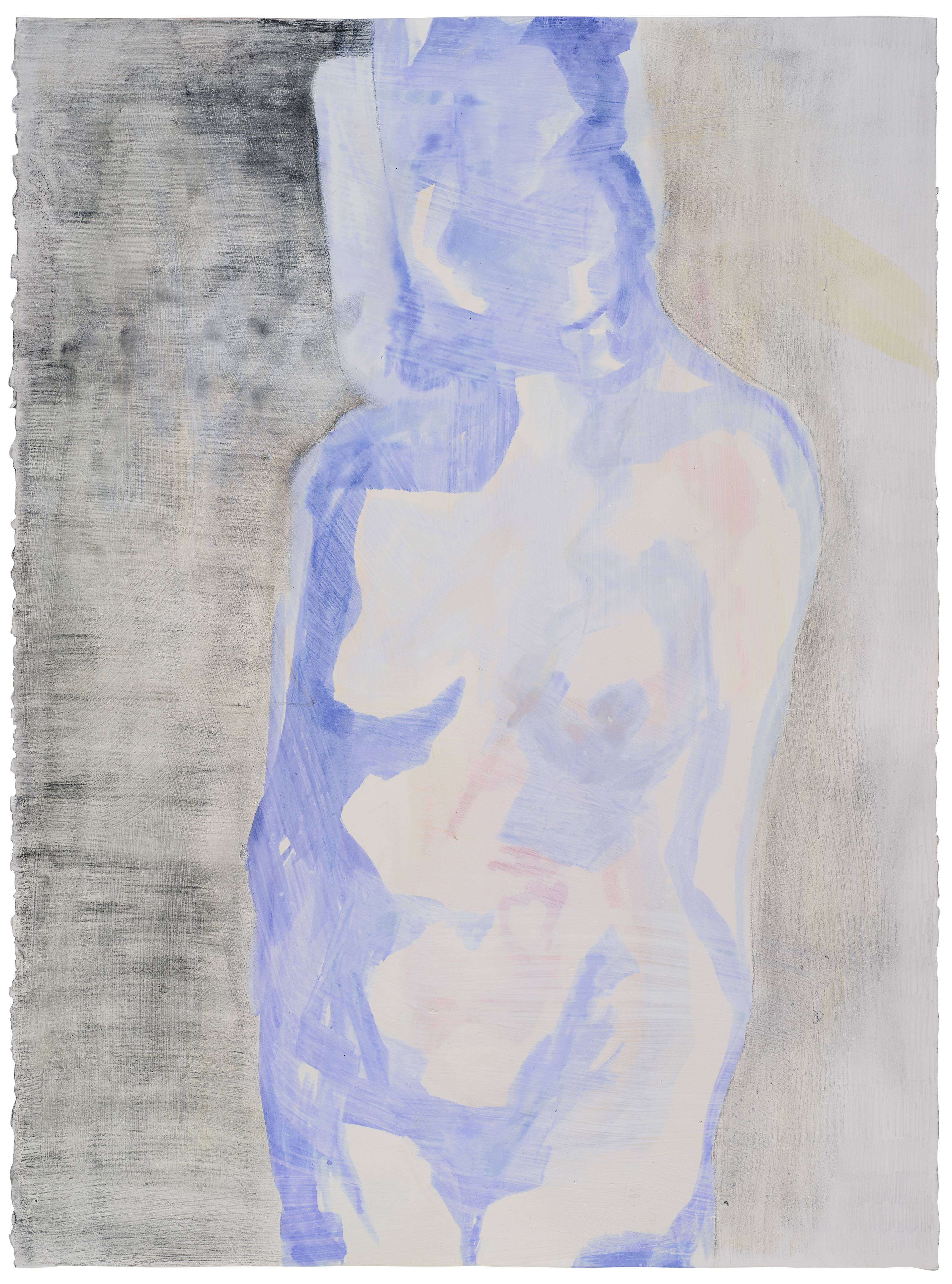 A semi-abstract painting by artist Caroline Coolidge of a nude figure, painted in light purple, who is cropped at the head and above the knees and fills the atmospheric frame.