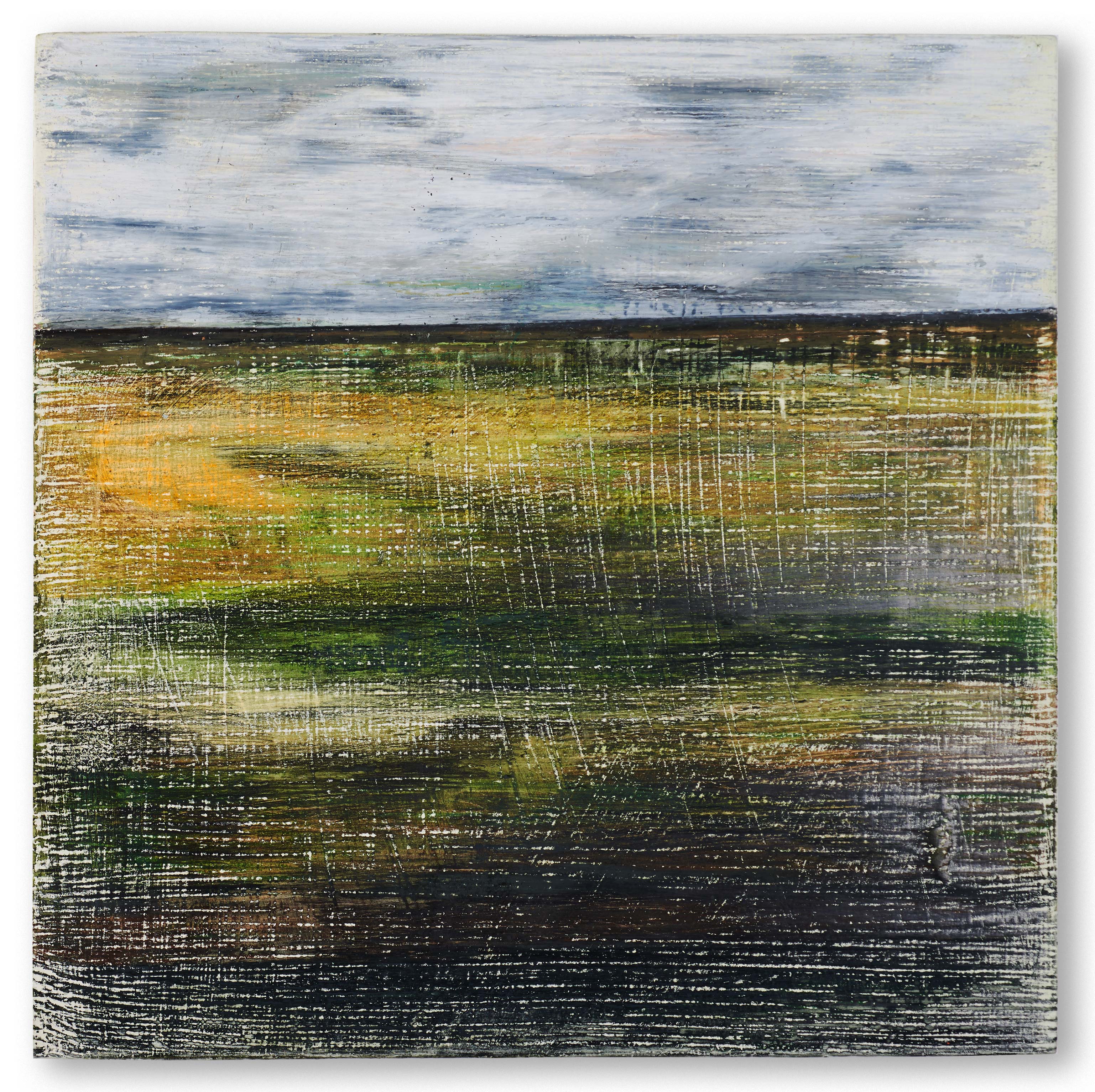 A square, highly textural drawing by artist Caroline Coolidge of a yellow, green, and black wall with a gray, cloudy sky behind it.