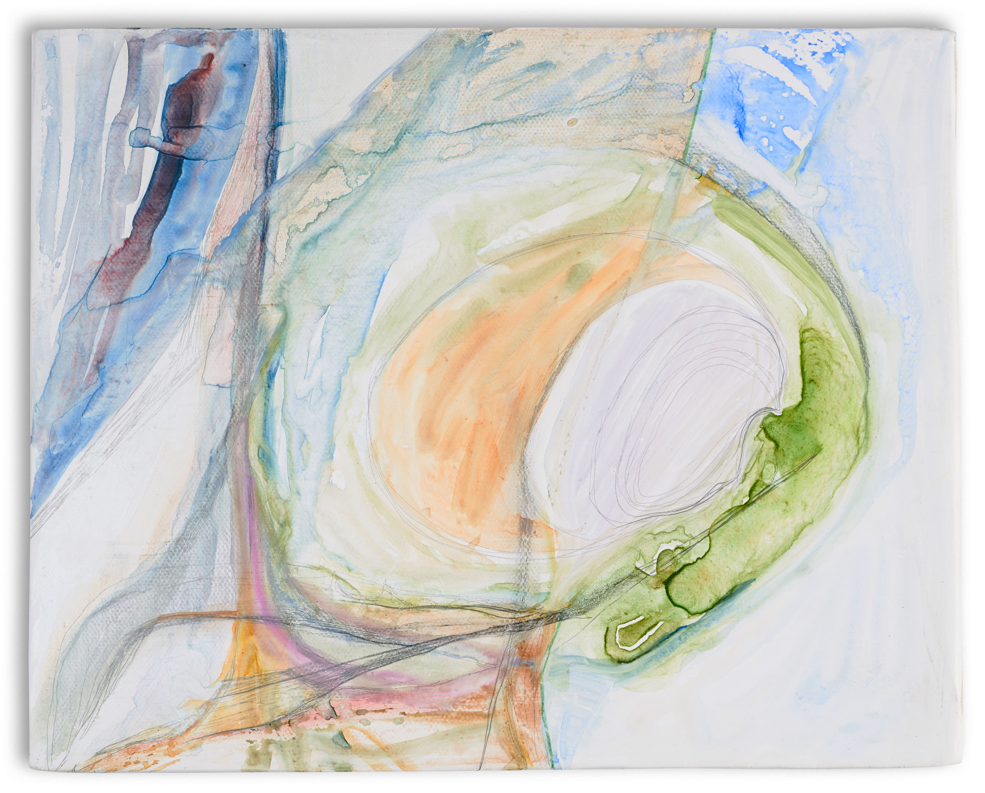 An abstract watercolor by artist Caroline Coolidge shows a central circular green, white, and orange form and blue, white, and gray lines in the background.