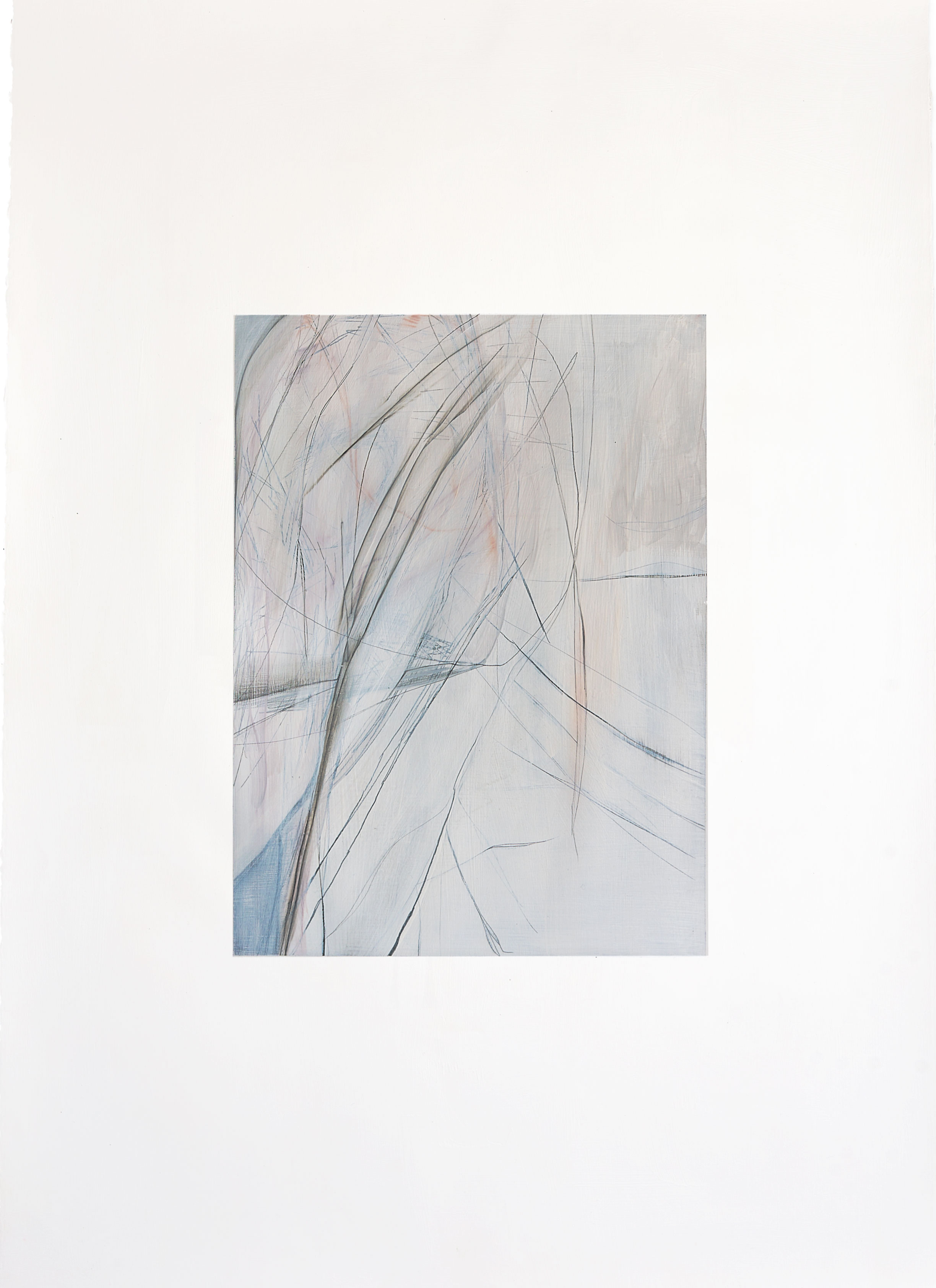 An abstract vertical painting by artist Caroline Coolidge with delicate lines in shades of pink, orange, blue, and gray creating tree-like imagery.