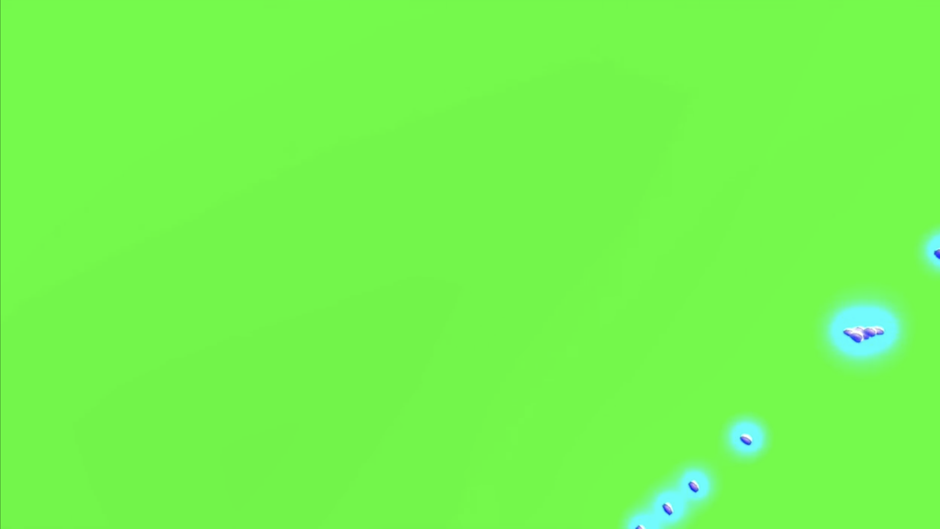 A rectangular video still from the film “Try to Forget” by artist Caroline Coolidge which is entirely a bright, artificial green that has six, small, gray, circular objects, surrounded in a green glow, making a diagonal line in the bottom right side of the frame.