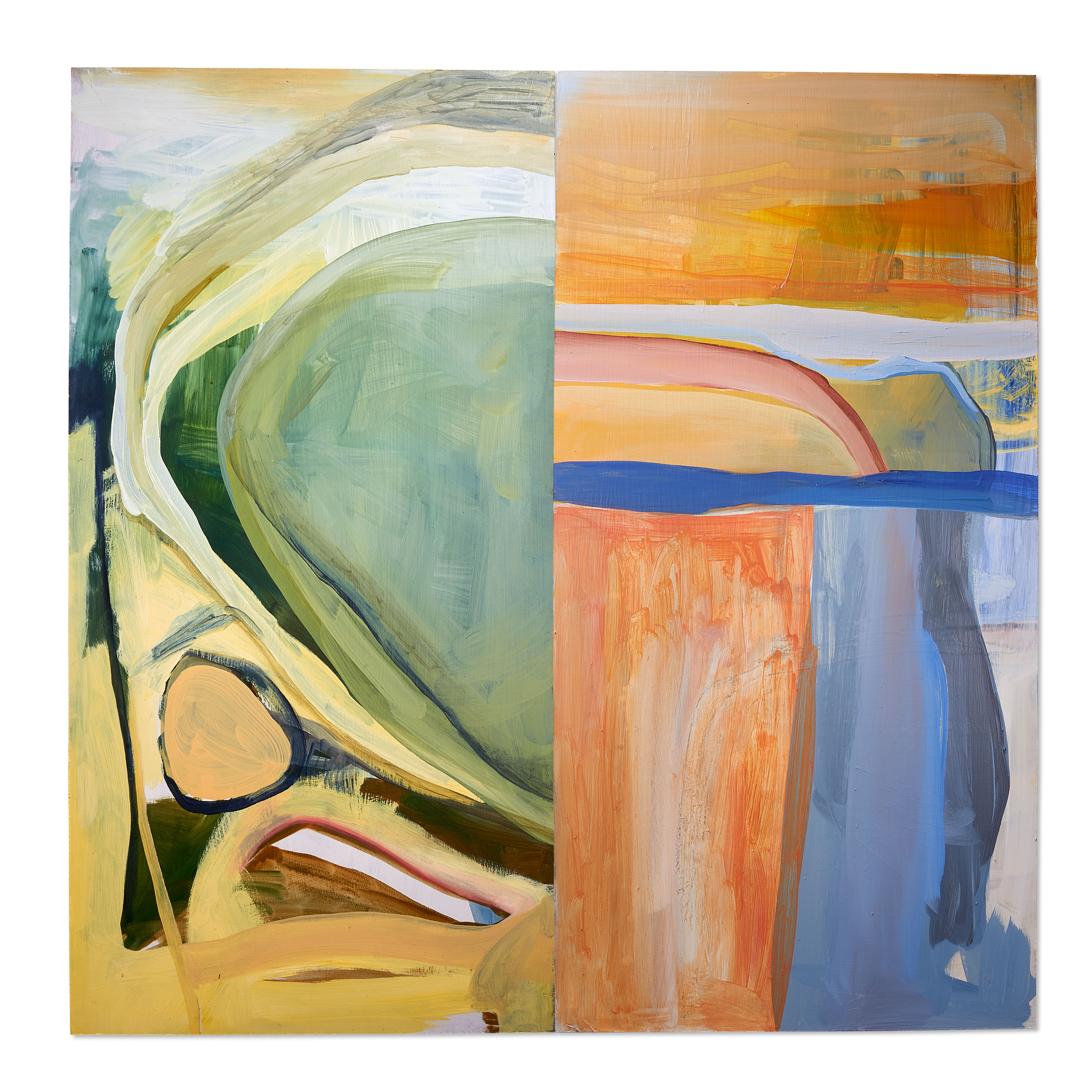 A photograph of a square abstract painting by the artist Caroline Coolidge with bright colors. The painting is divided vertically down the center so that the left side is covered in yellows and greens and the right side has hues of oranges and blues.