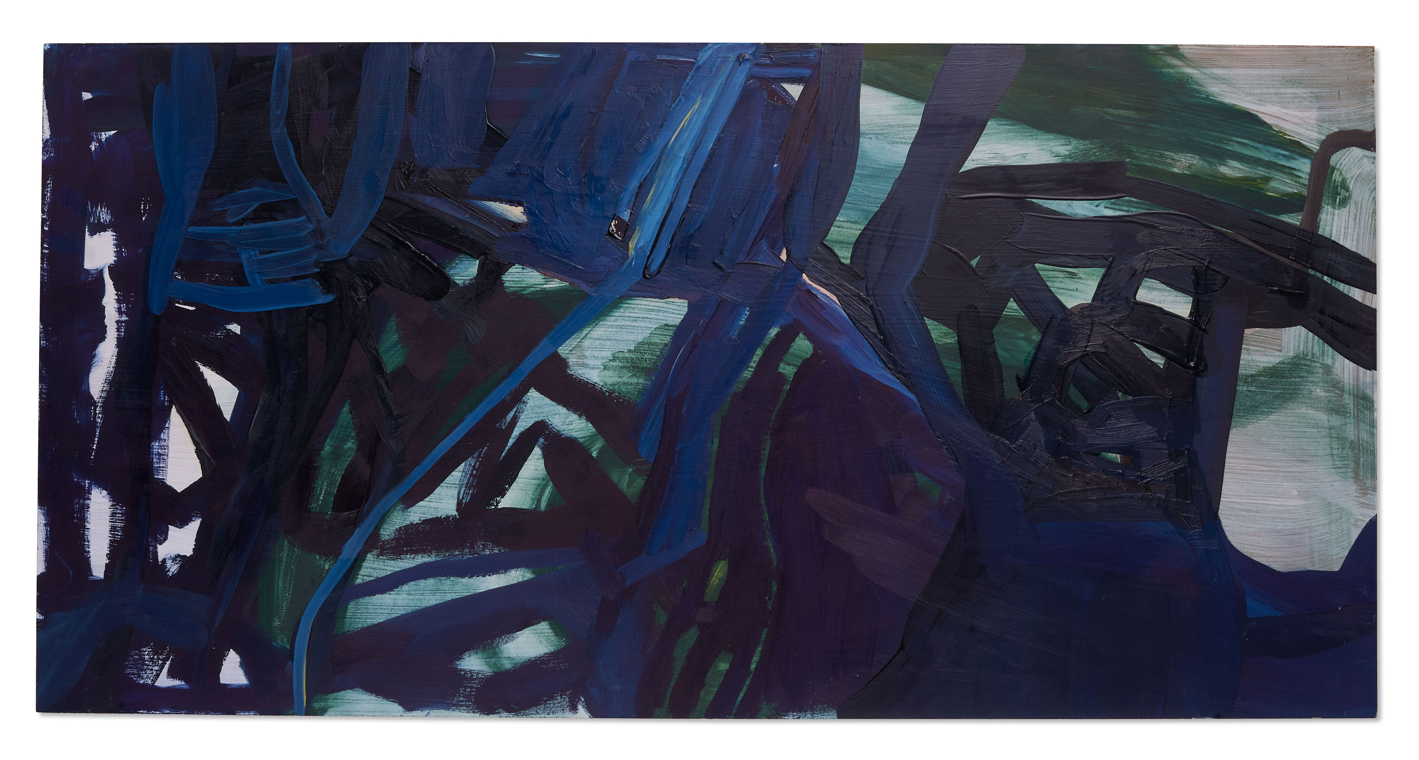 A photograph of a rectangular abstract painting that is oriented vertically by the artist Caroline Coolidge. The painting has layered thick, textual lines of dark blue and green paint in the foreground and thicker pale green and white brushy strokes in the background.
            