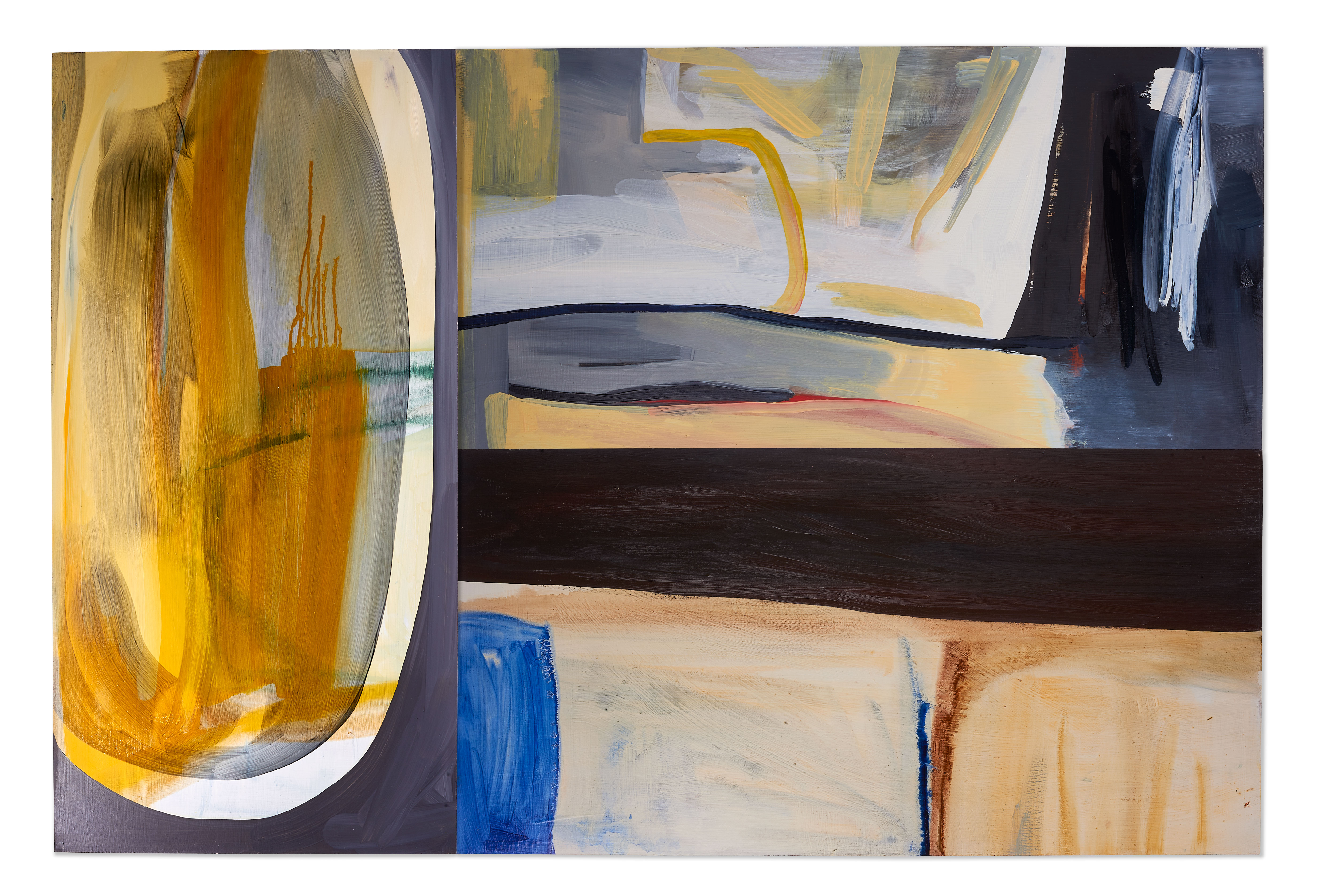 A photograph of a horizontal, rectangular abstract painting by the artist Caroline Coolidge that has a large, primarily oval shape on the left side of the frame and a thick brown horizontal form in the center of the right side. The latter surrounded by more delicate, yellow, white, and brown strokes.