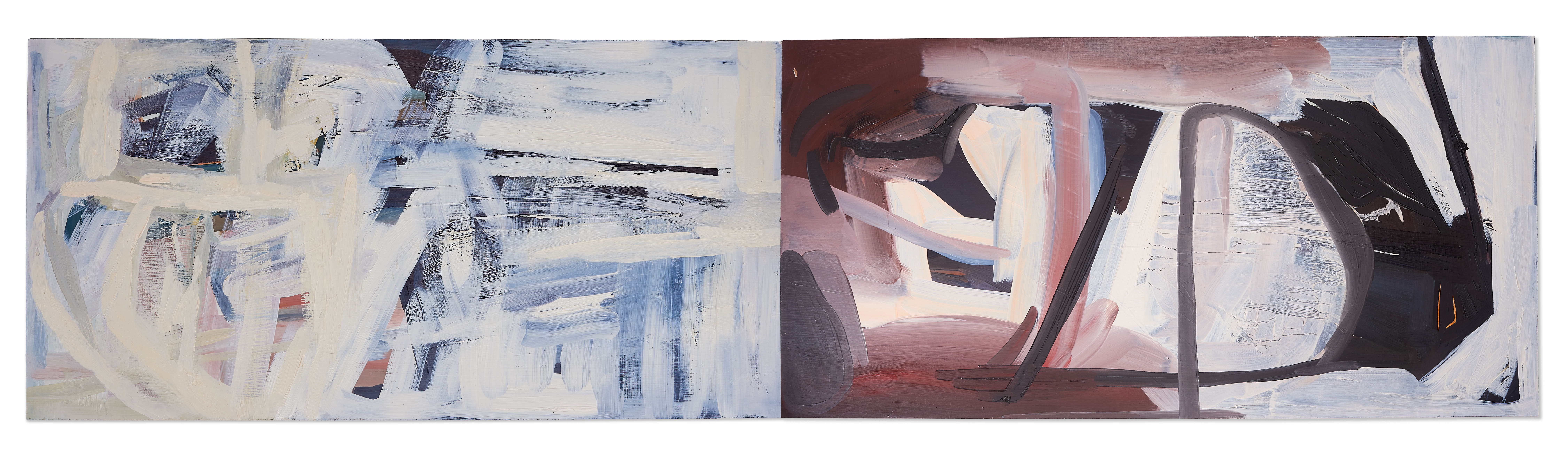 A photograph of a long, horizontal rectangular abstract painting by the artist Caroline Coolidge primarily comprised of gestural textured white, dark blue, and dull pink strokes.