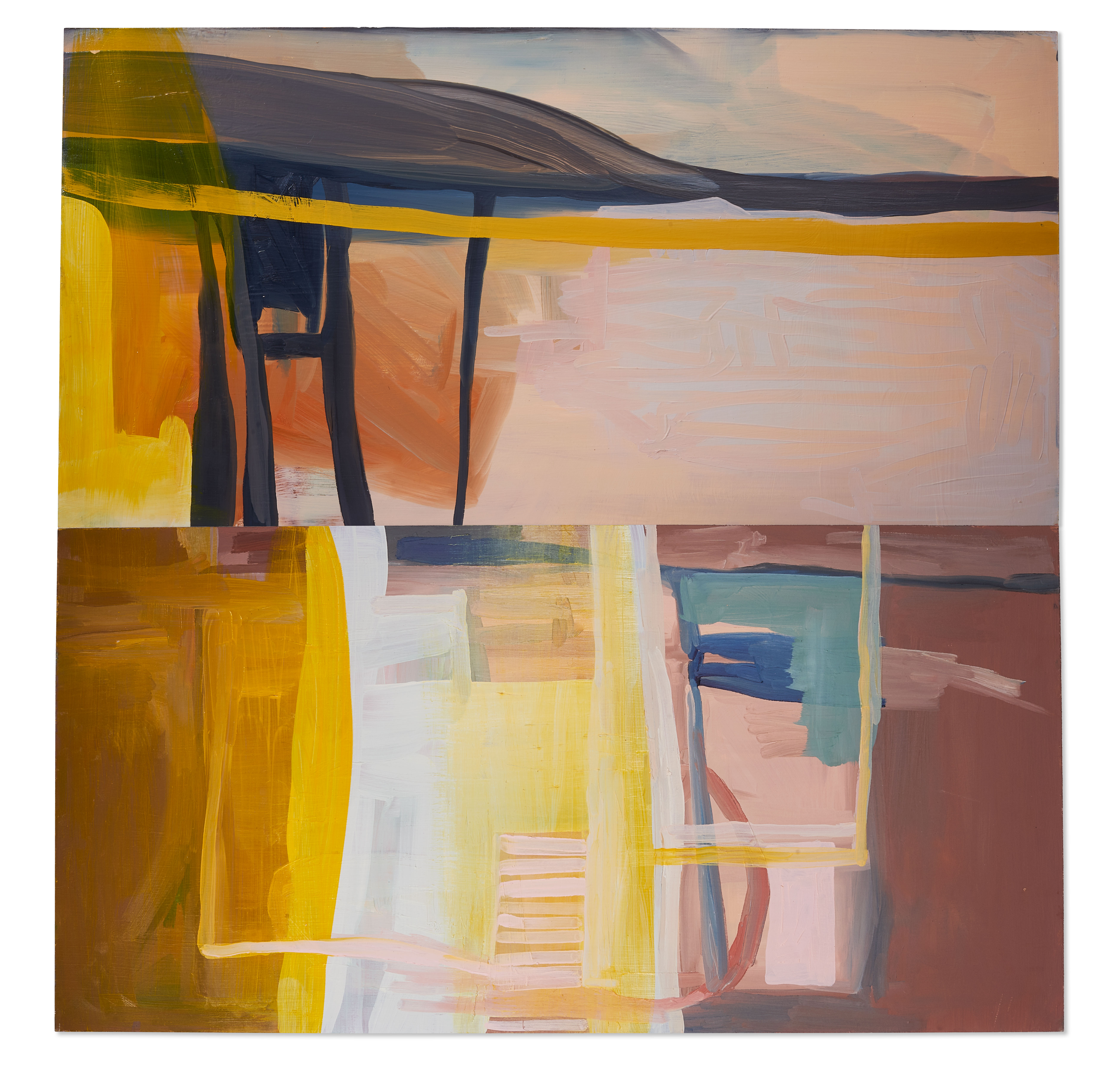A photograph of a square abstract painting by the artist Caroline Coolidge. The dulled pink, orange, yellow, blue, and white colors are consistent throughout the painting, however, the directions of the strokes change in the center of the painting, giving the illusion that it is divided in half.
