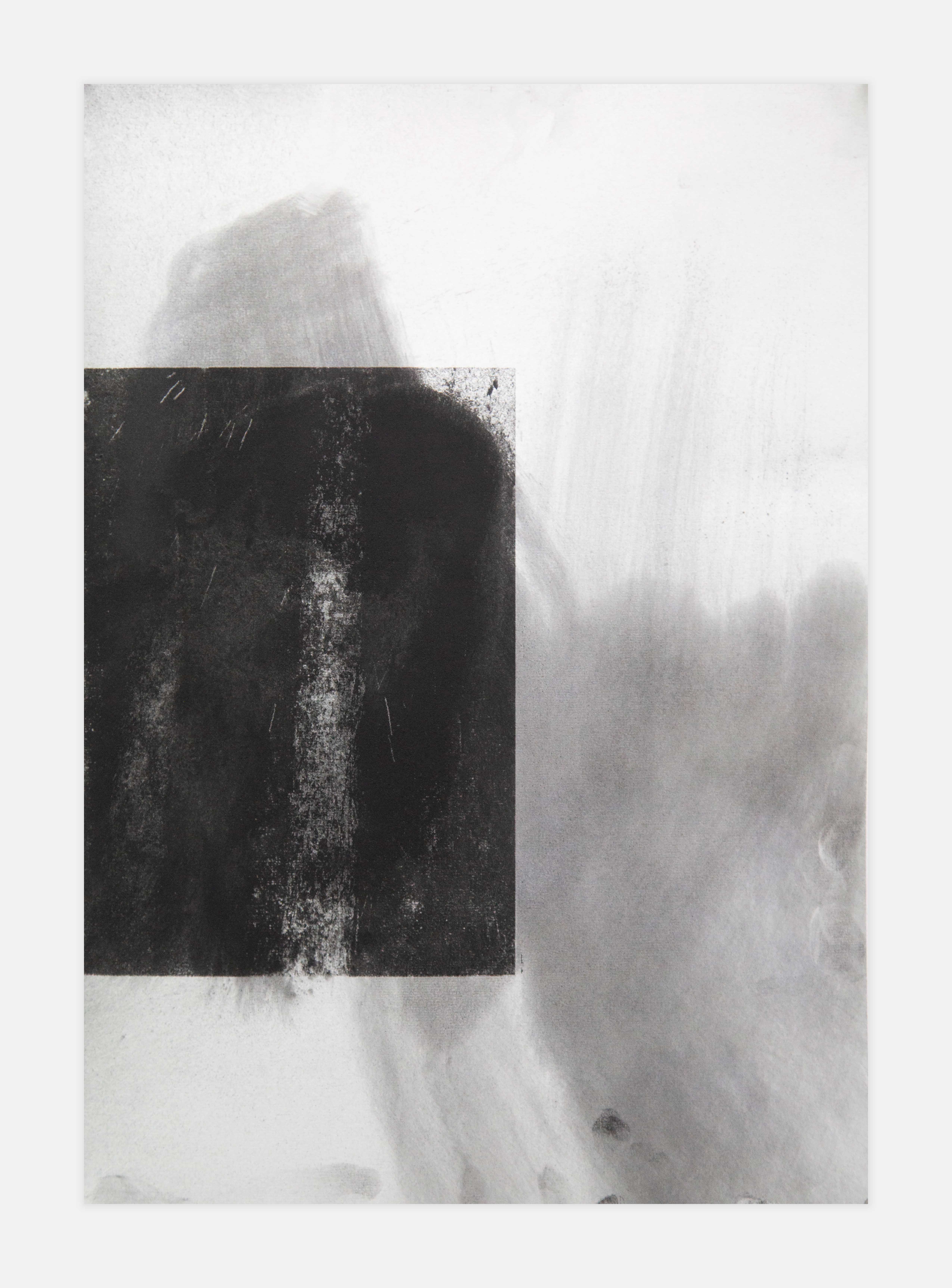 A vertical black and white drawing, compositionally dominated by a large black rectangle in the center left of the paper, surrounded by a white and grey wash background.