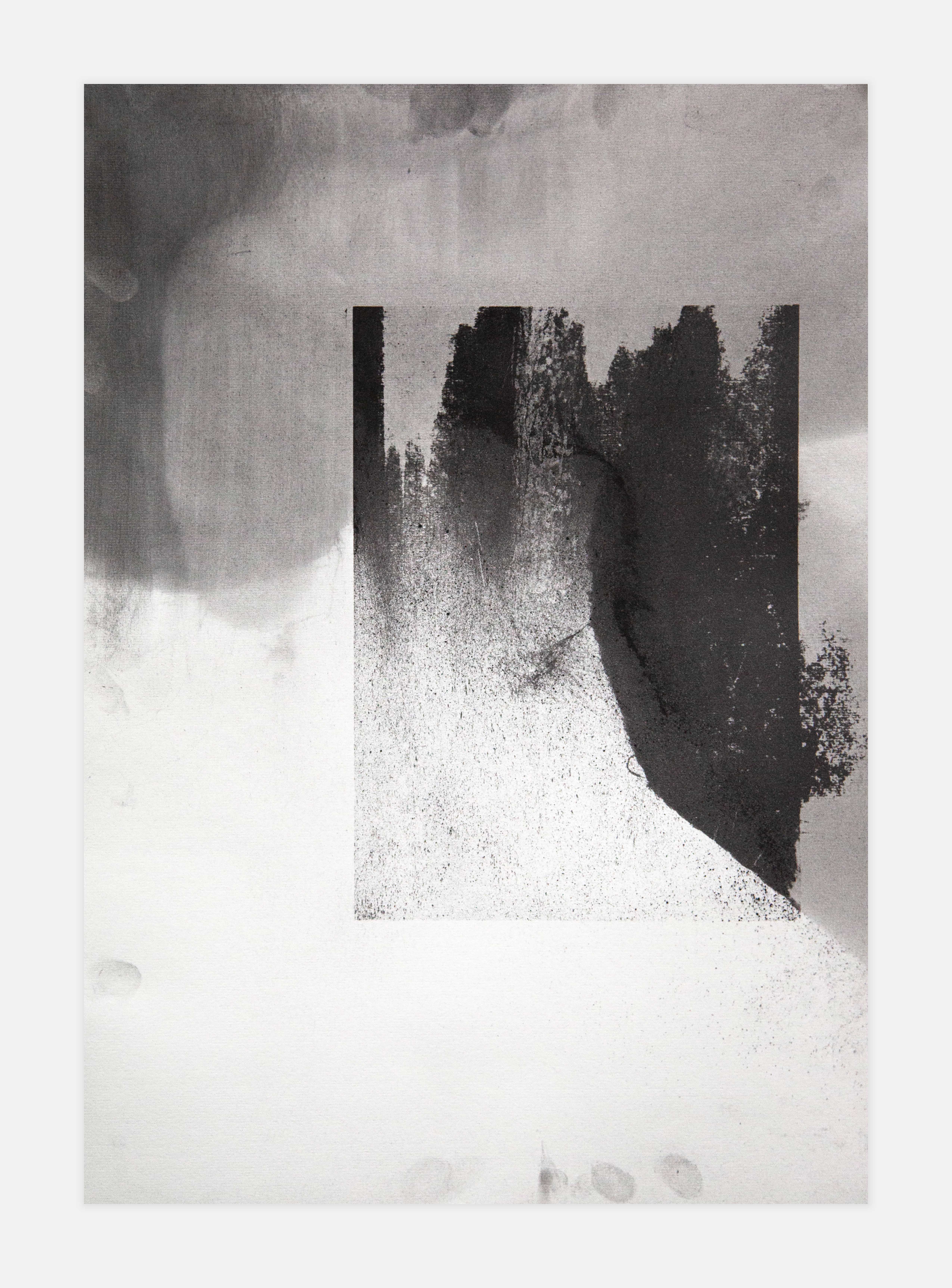 A vertical black and white drawing on paper, with dark blacks and grey abstract shapes swirling around the top half of the composition and light grey and white marks in the bottom.