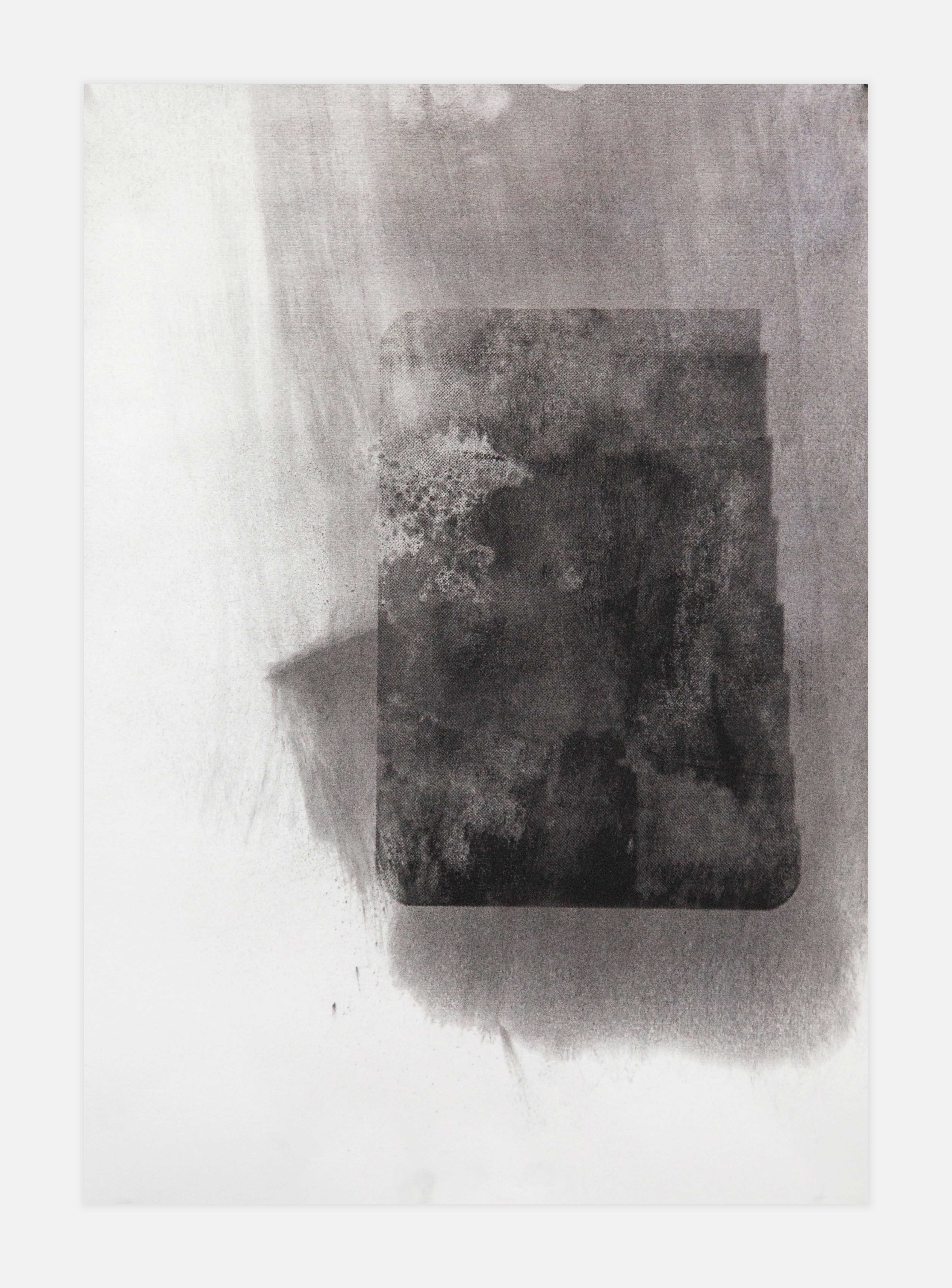 A dynamic vertical black and white drawing on paper, with a dark grey and black textural, rectangular shape in the center of a white and grey background, giving the sense of movement upwards.