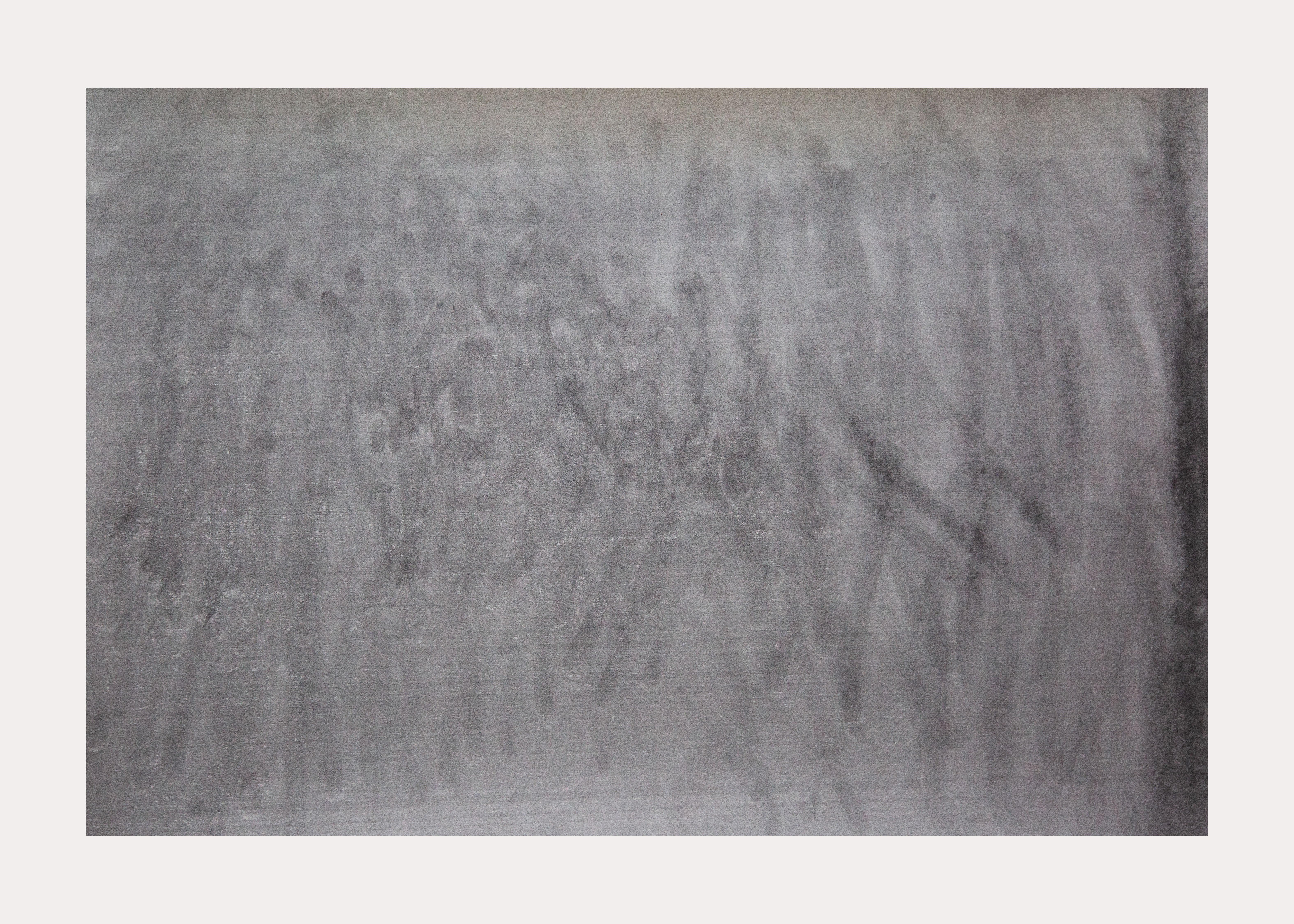 A grey print with a white boarder comprised of hundreds of marks across the composition that resemble greasy finger and hand smudges.