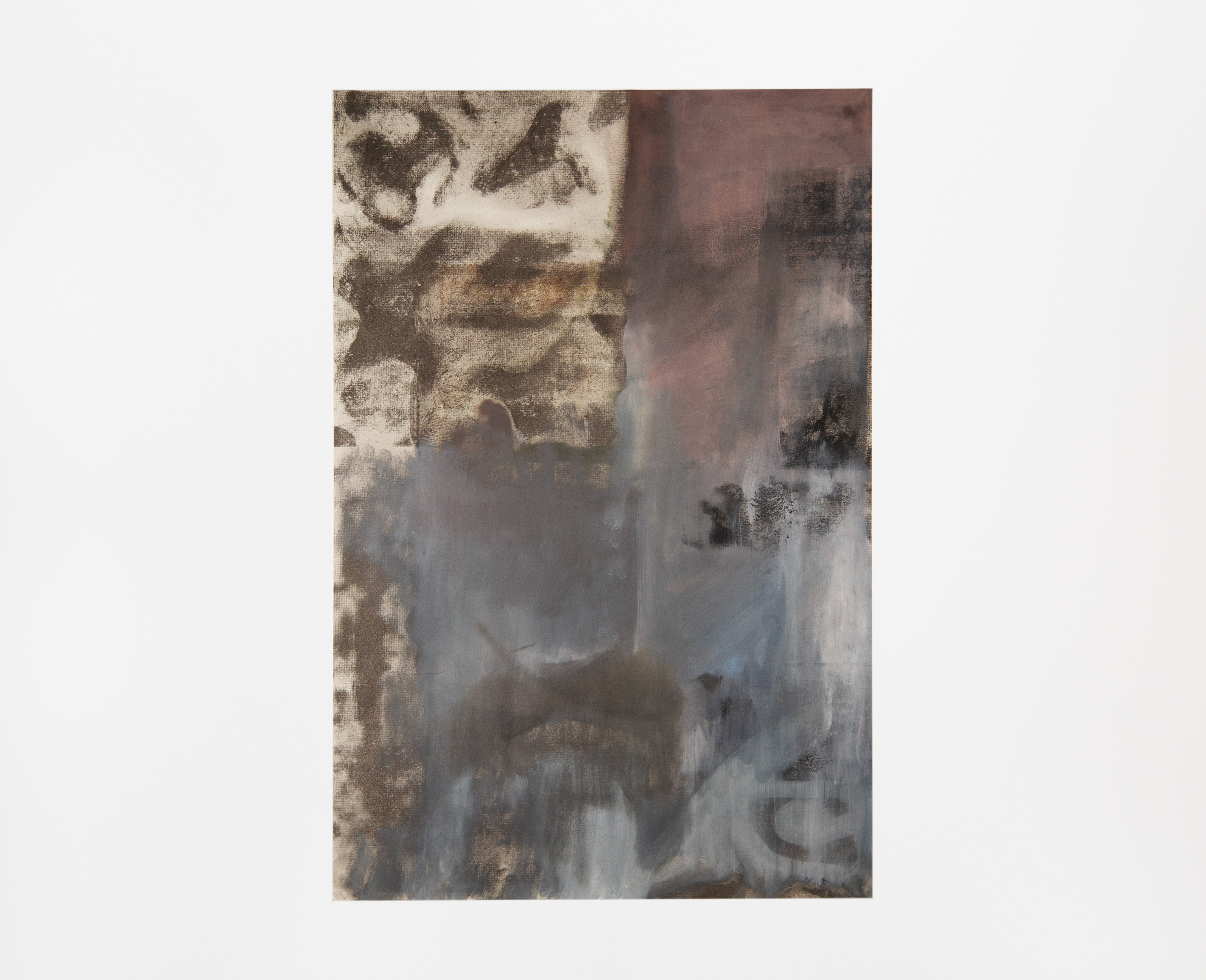 A moody vertical abstract painting on light paper, primarily composed of grey and purple marks in the bottom half of the composition, an orange grey in the top left, and dark red purple in the top right.