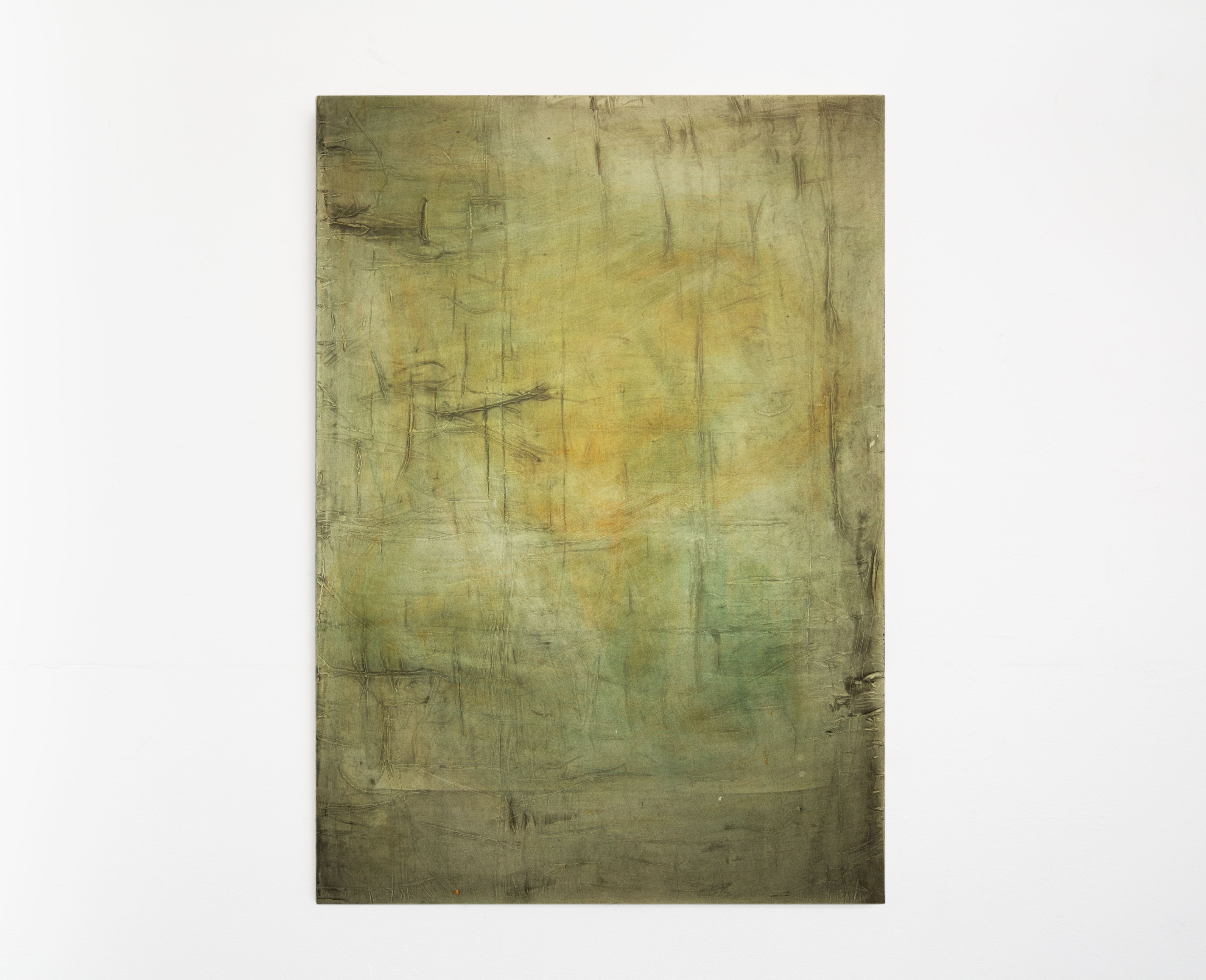 An atmospheric, lime green and grey green, vertical, abstract painting with subtle marks primarily drawn at right angles to the painting's edge.