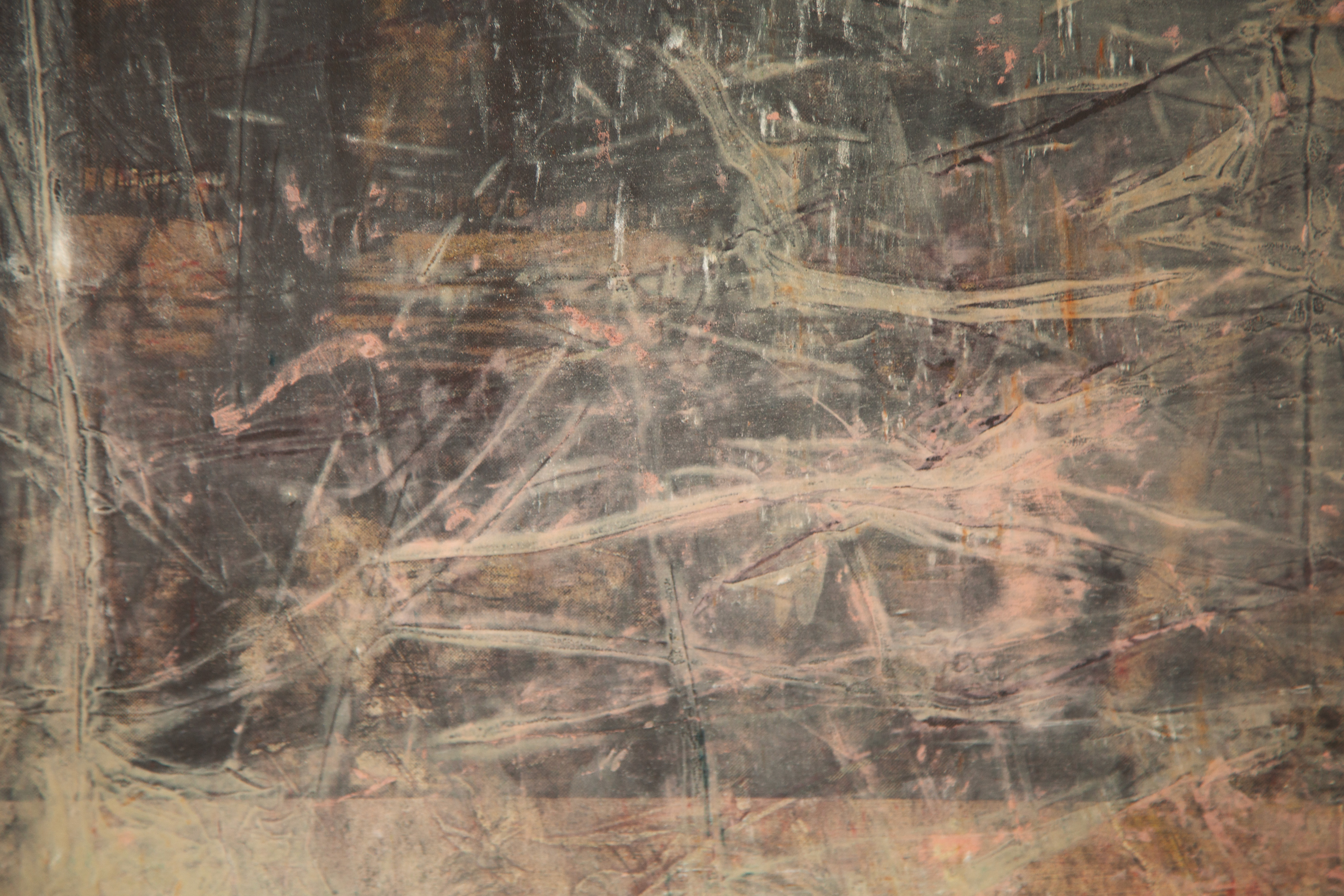 A detail of a highly layered abstract painting with grey shapes in the background and light pink and tan marks overlaying the marks below.