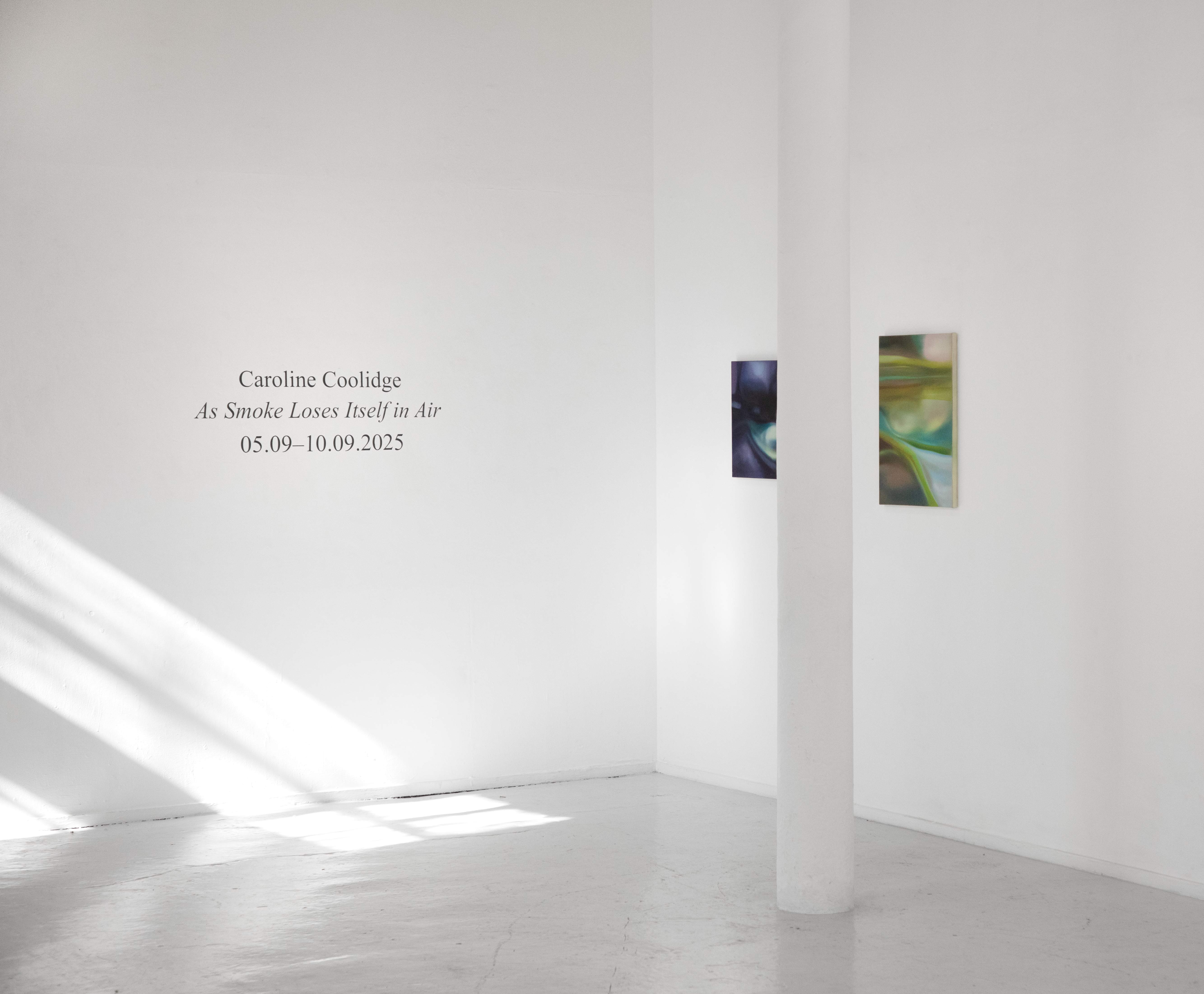A sunlit gallery displaying the name of the artist, Caroline Coolidge, and the exhibition title, As Smoke Loses Itself in Air, and two paintings hung behind a column.