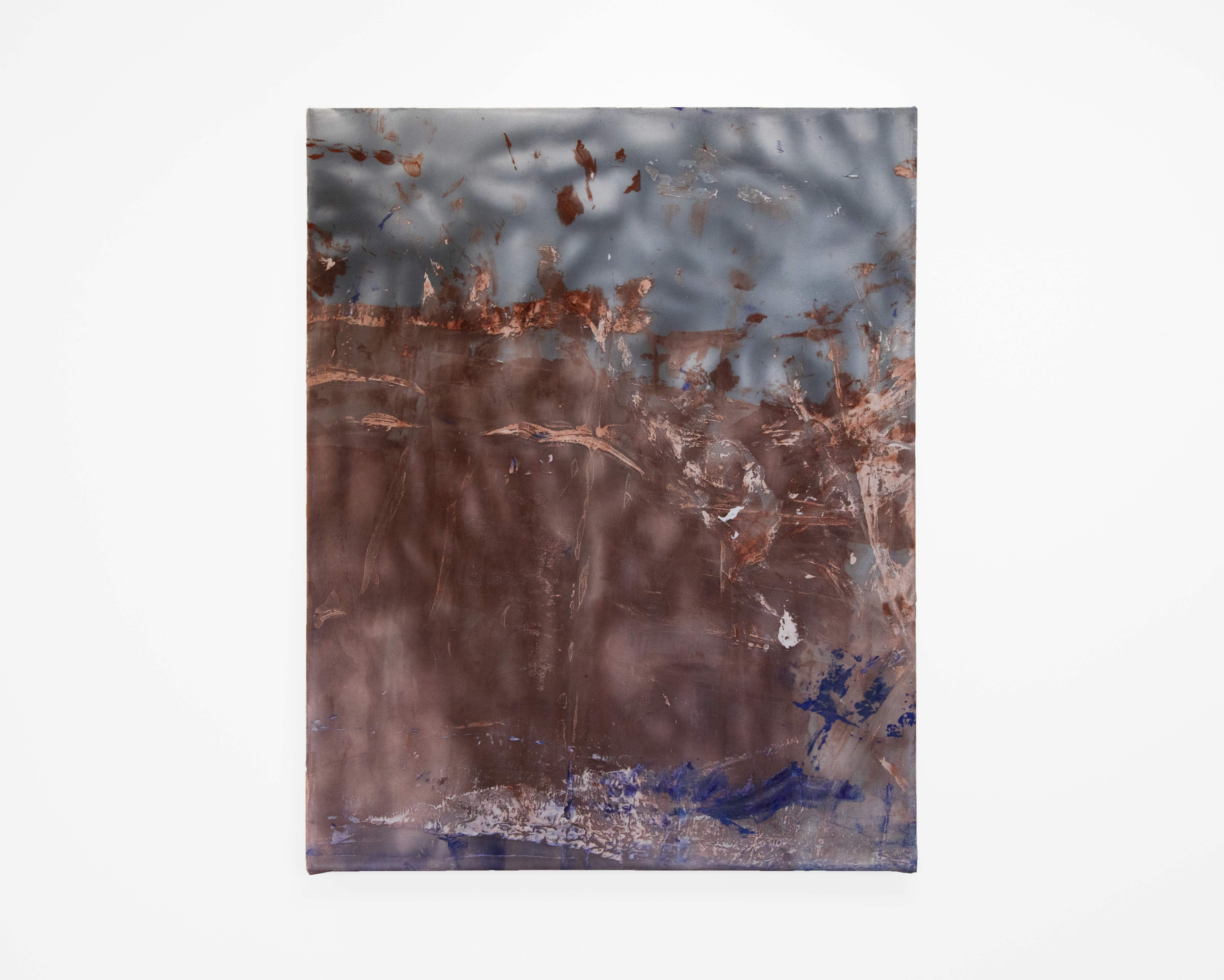 A vertical abstract painting by artist Caroline Coolidge with a white and gray shadow-like texture running throughout, but partially obscured by a rust-brown tone, covering the bottom two-thirds of the composition.