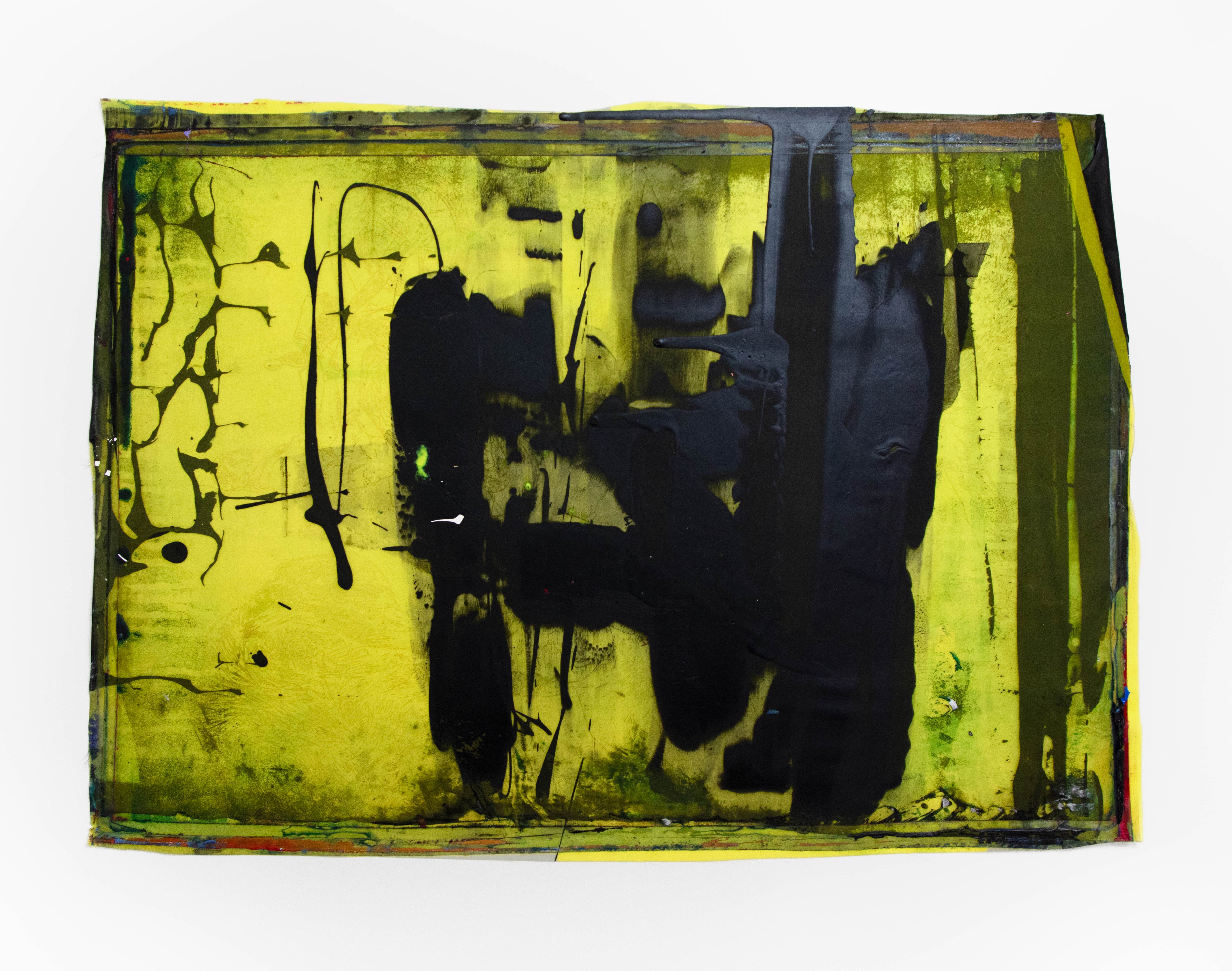 A horizontal abstract painting by Caroline Coolidge comprised of a bright yellow background and dark black, strong and thick gestural strokes.