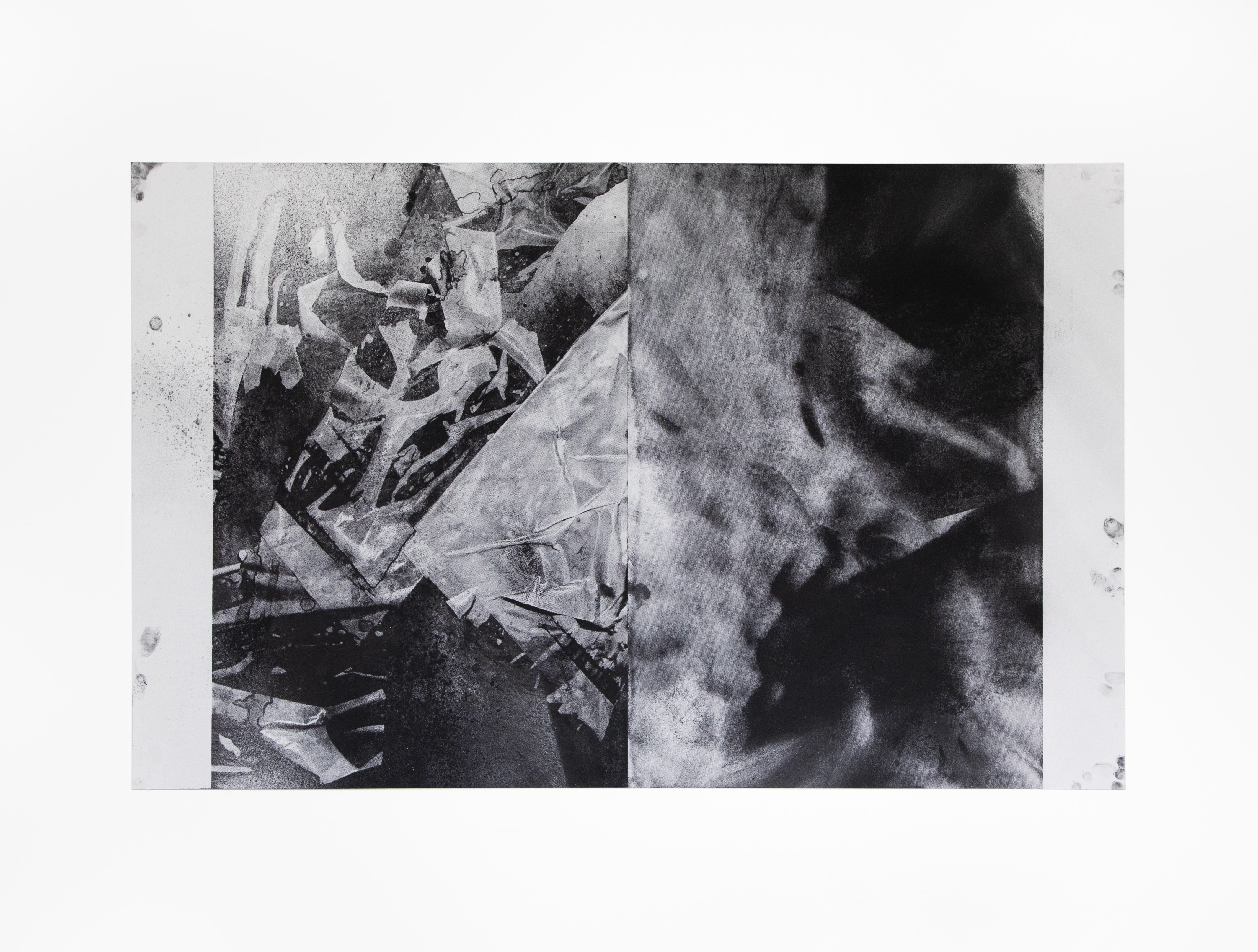 A monochrome, highly detailed, and textured horizontal artwork by Caroline Coolidge, with an abstract form in two halves, having a diamond-like shape filling the center.