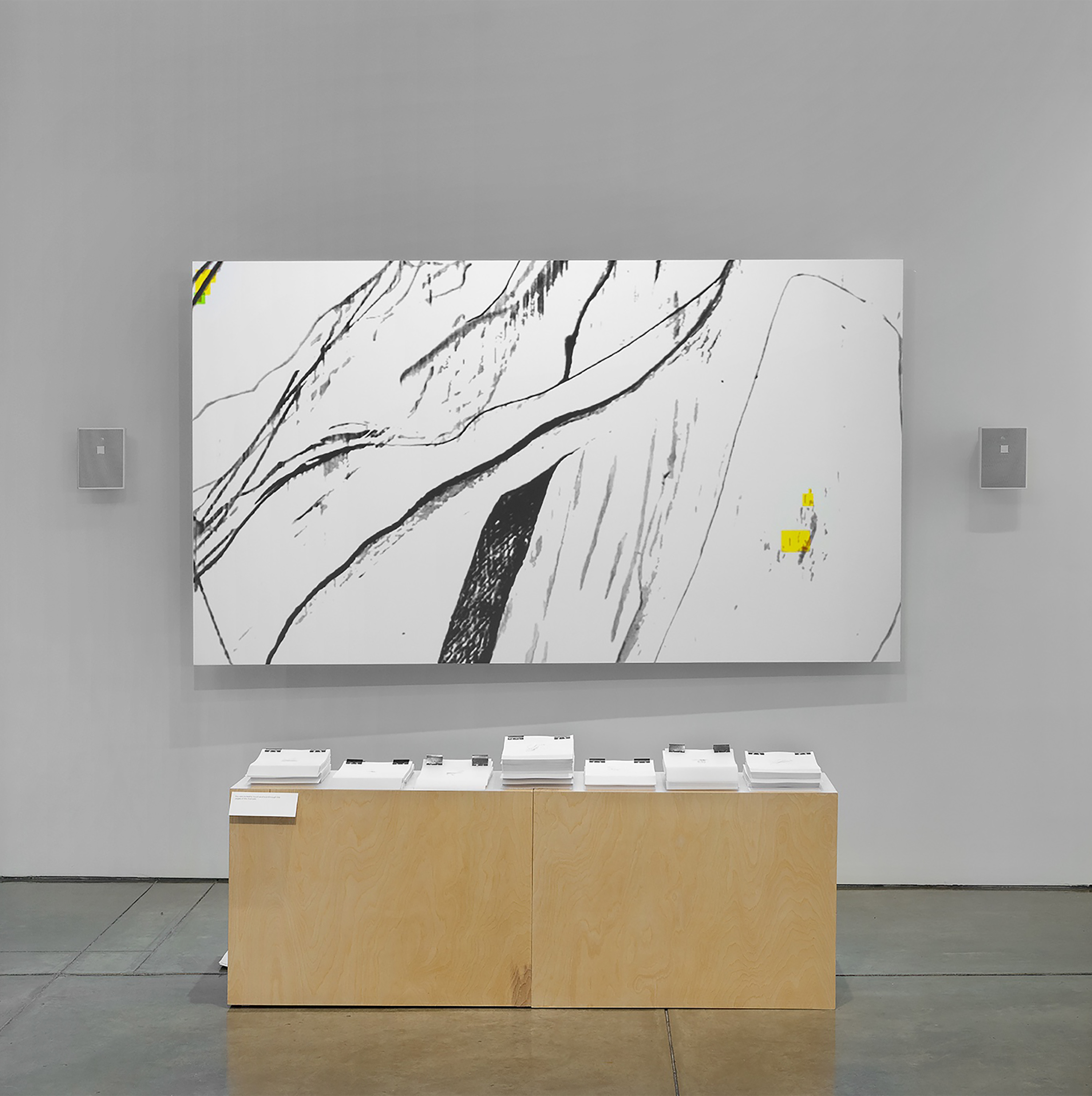 A large screen with a black, white, and yellow animation still of abstract lines resembling tree limbs by artist Caroline Coolidge. The screen has speakers on the left and right sides of it and has a tan table with paper stacked on it.