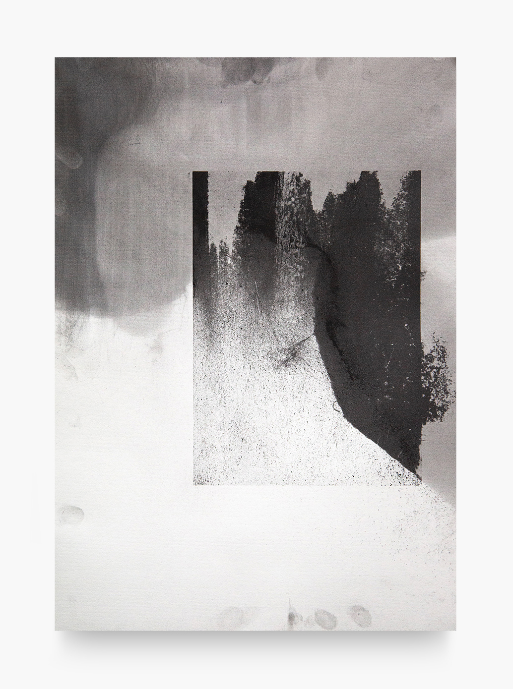 A vertical black and white drawing by Caroline Coolidge, with dark blacks and grey abstract shapes swirling around the top half of the composition and light grey and white marks in the bottom.