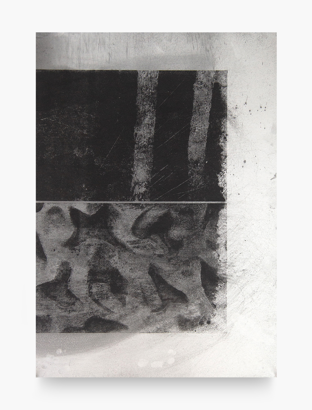 A dynamic vertical black and white drawing by Caroline Coolidge, with two dark grey and black textural, rectangular shapes in the center of a white and grey background, giving the sense of movement upwards.