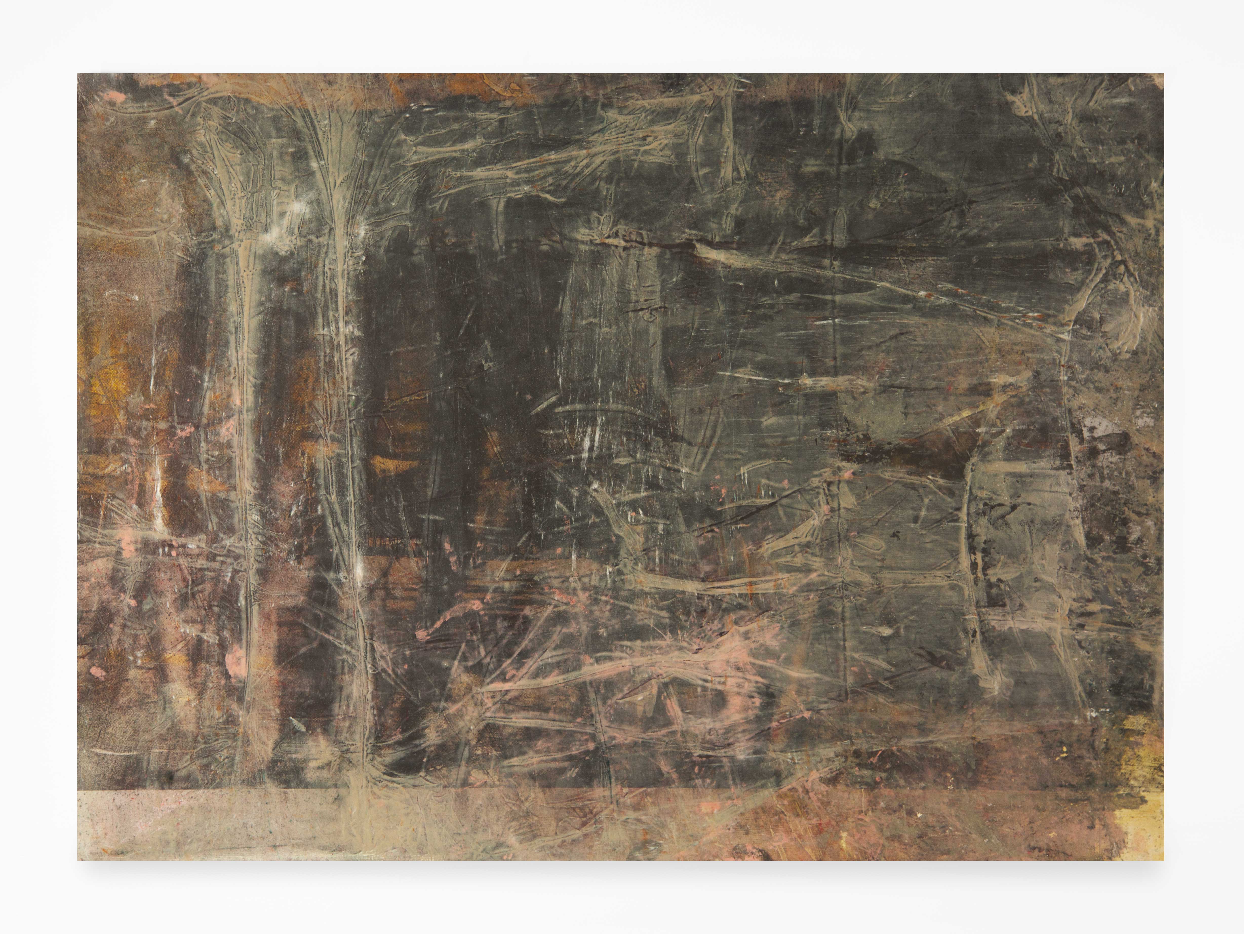 A horizontal abstract painting by Caroline Coolidge with a dark grey base and translucent light tan, pink, and yellow layers obscuring darker sections below.
