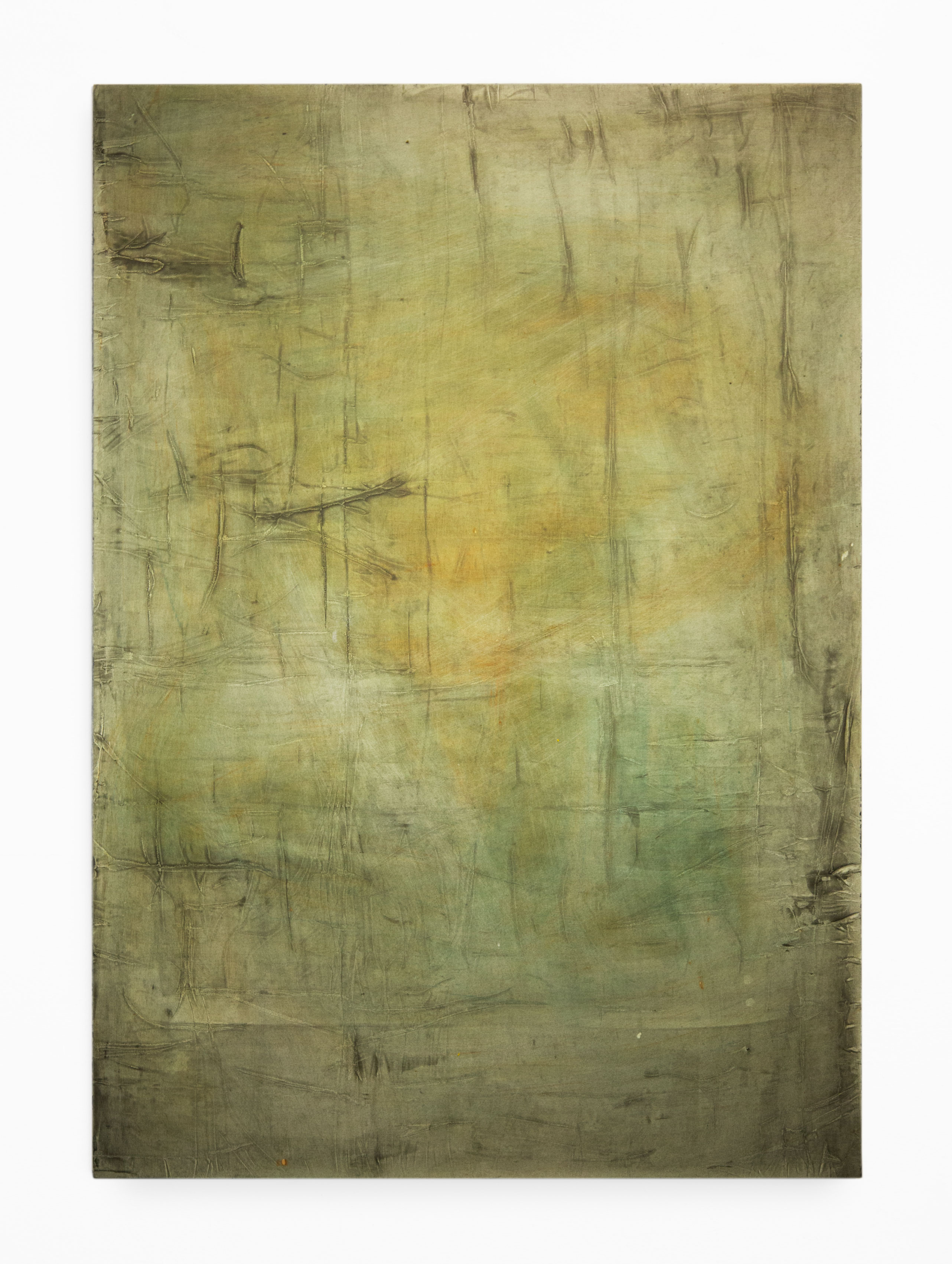 An atmospheric, lime green and grey green, vertical, abstract painting by Caroline Coolidge with subtle marks primarily drawn at right angles to the painting’s edge.