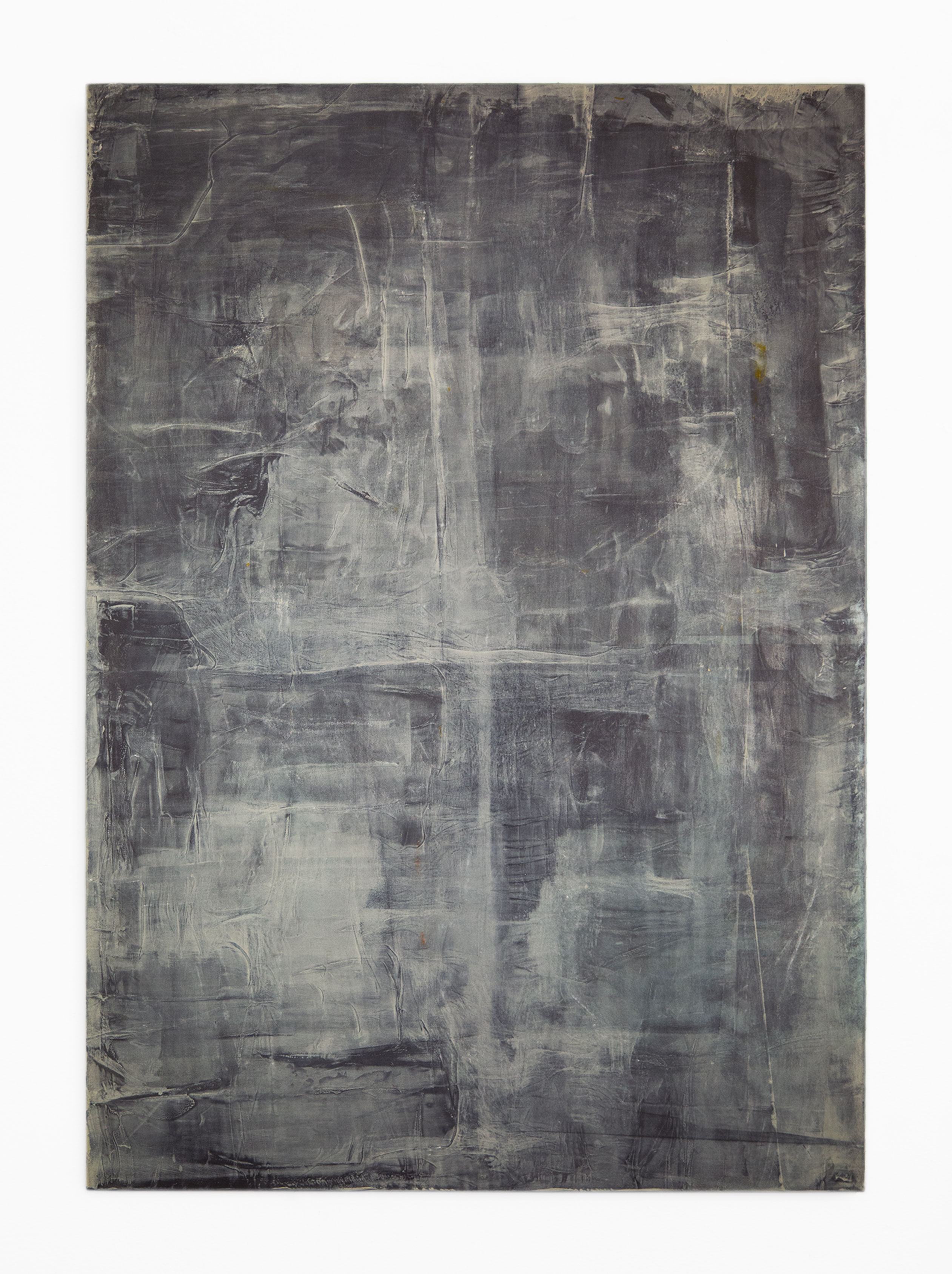 A vertical grey painting by Caroline Coolidge with light, chalky grey in the foreground and subtle strokes that create lines dividing the painting into four equal quadrants.
