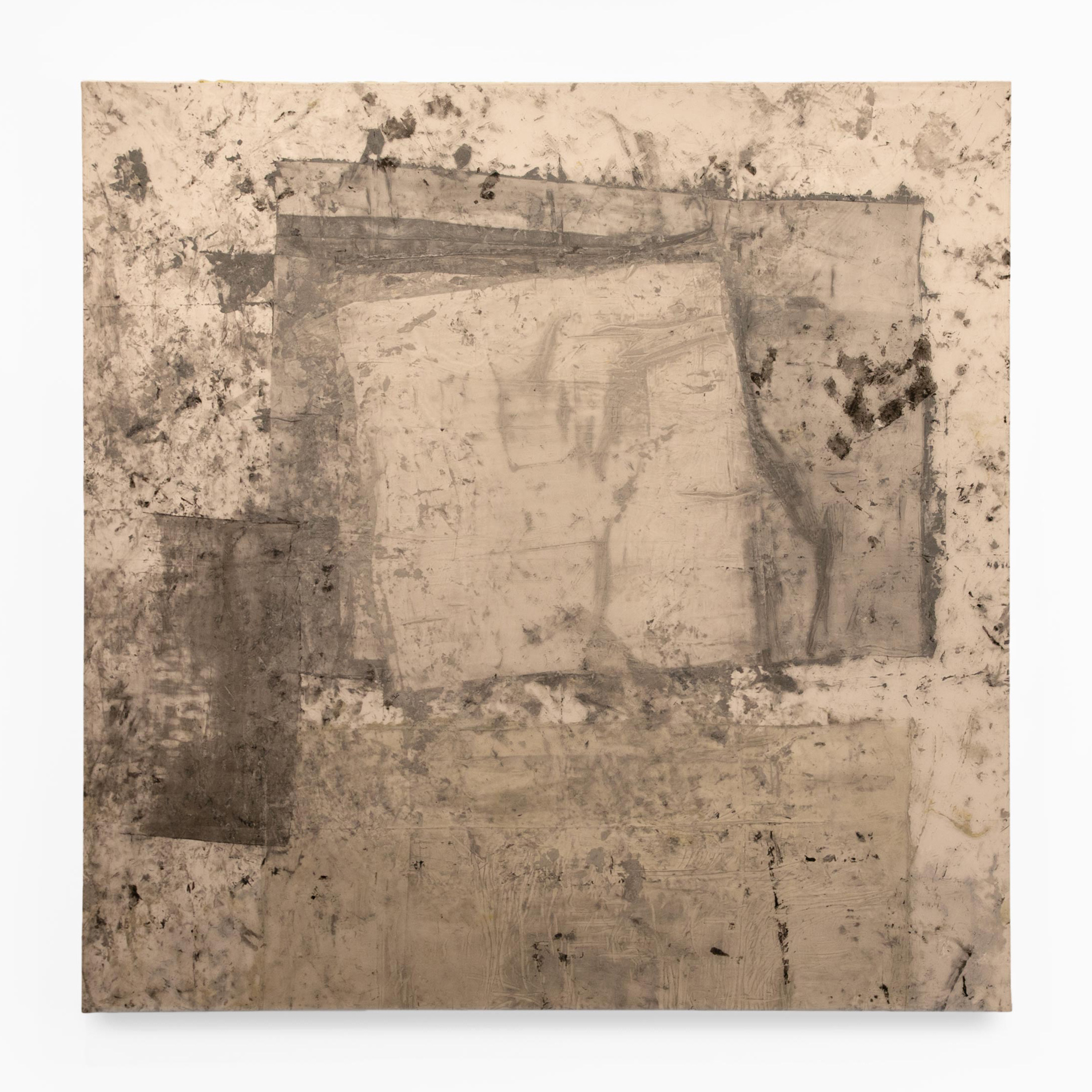 A square, abstract, tan painting by Caroline Coolidge, dominated by a large loose square shape in the center and light splotches surrounding it.