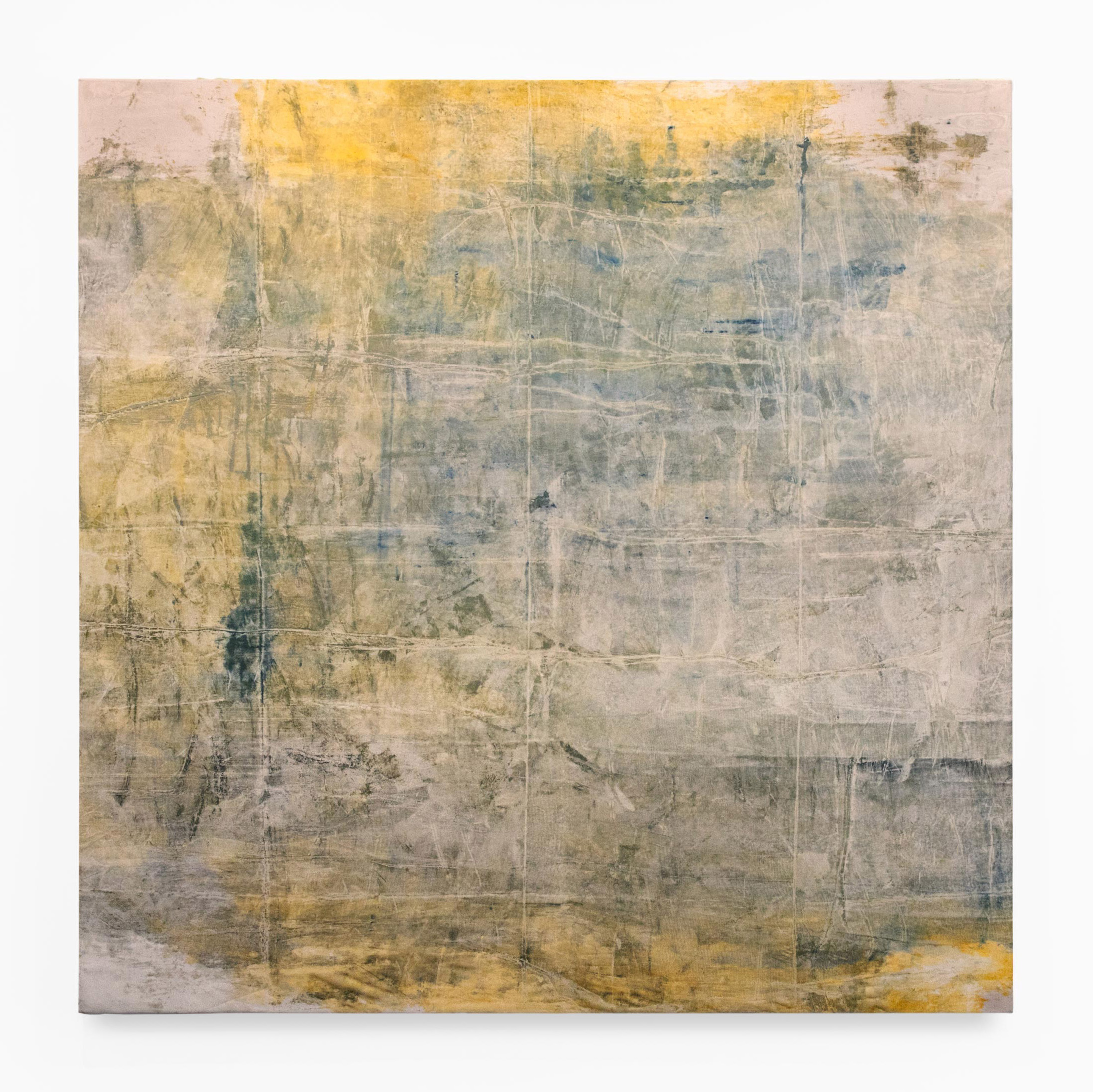 A square abstract painting by Caroline Coolidge that is predominantly blue, yellow, and pale gray with wavy lines creating a loose grid.