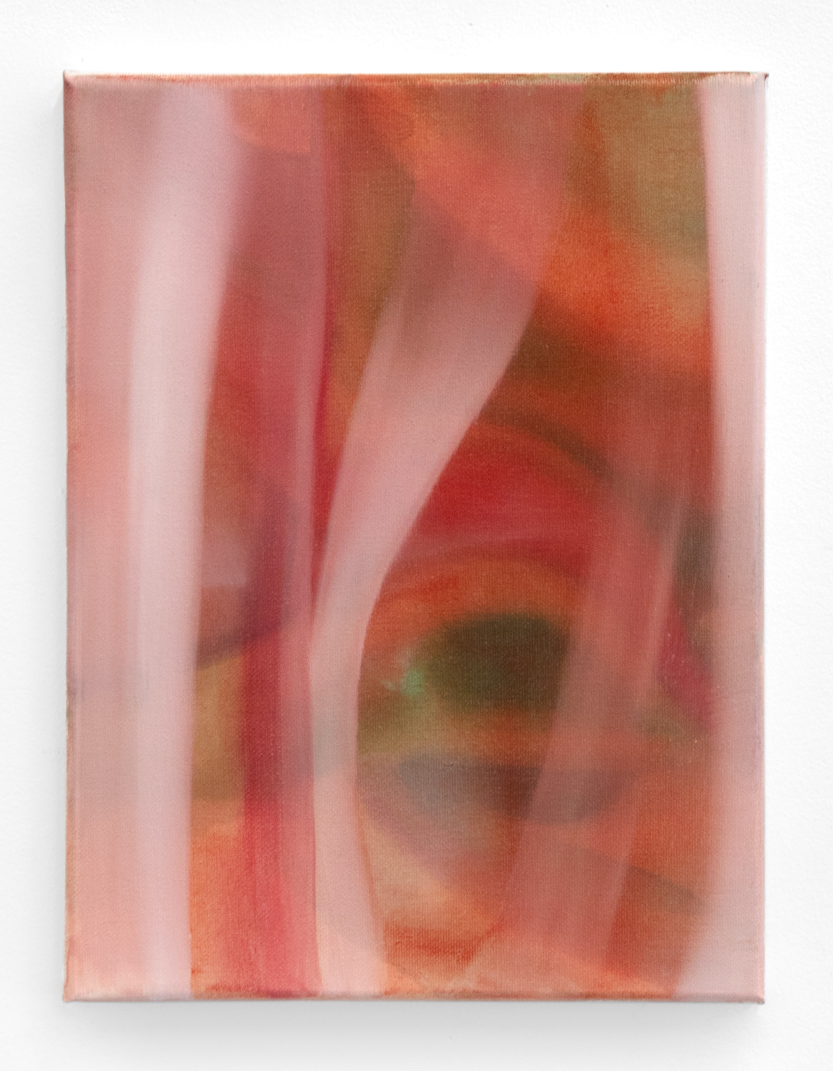 A vertical painting by artist Caroline Coolidge that is predominantly print and red, with touches of green.