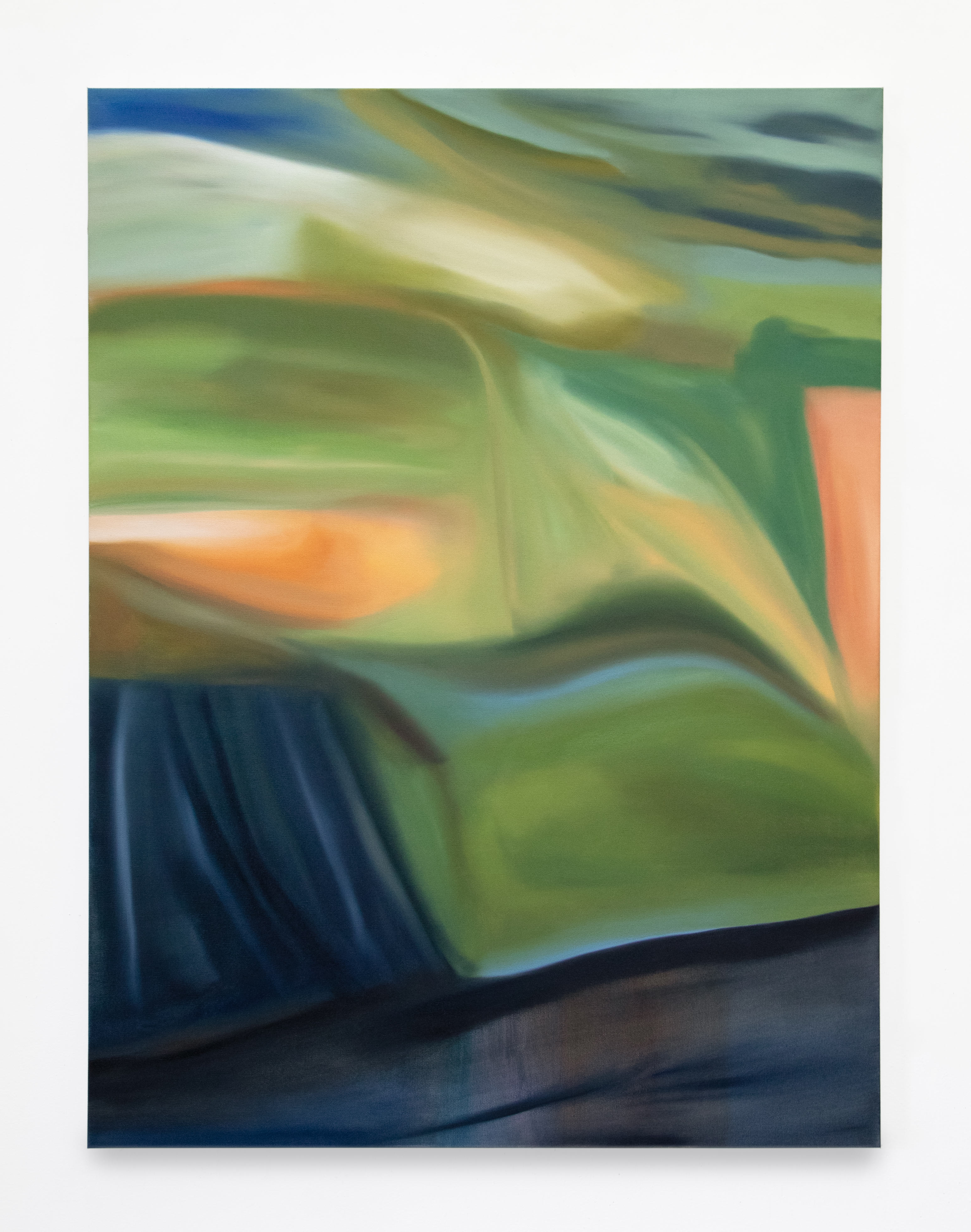 A vertical abstract painting by Caroline Coolidge, the top two-thirds is smooth and ranges in green, tan, orange, and blue tones. The bottom third in dark blue and more textural and rough.