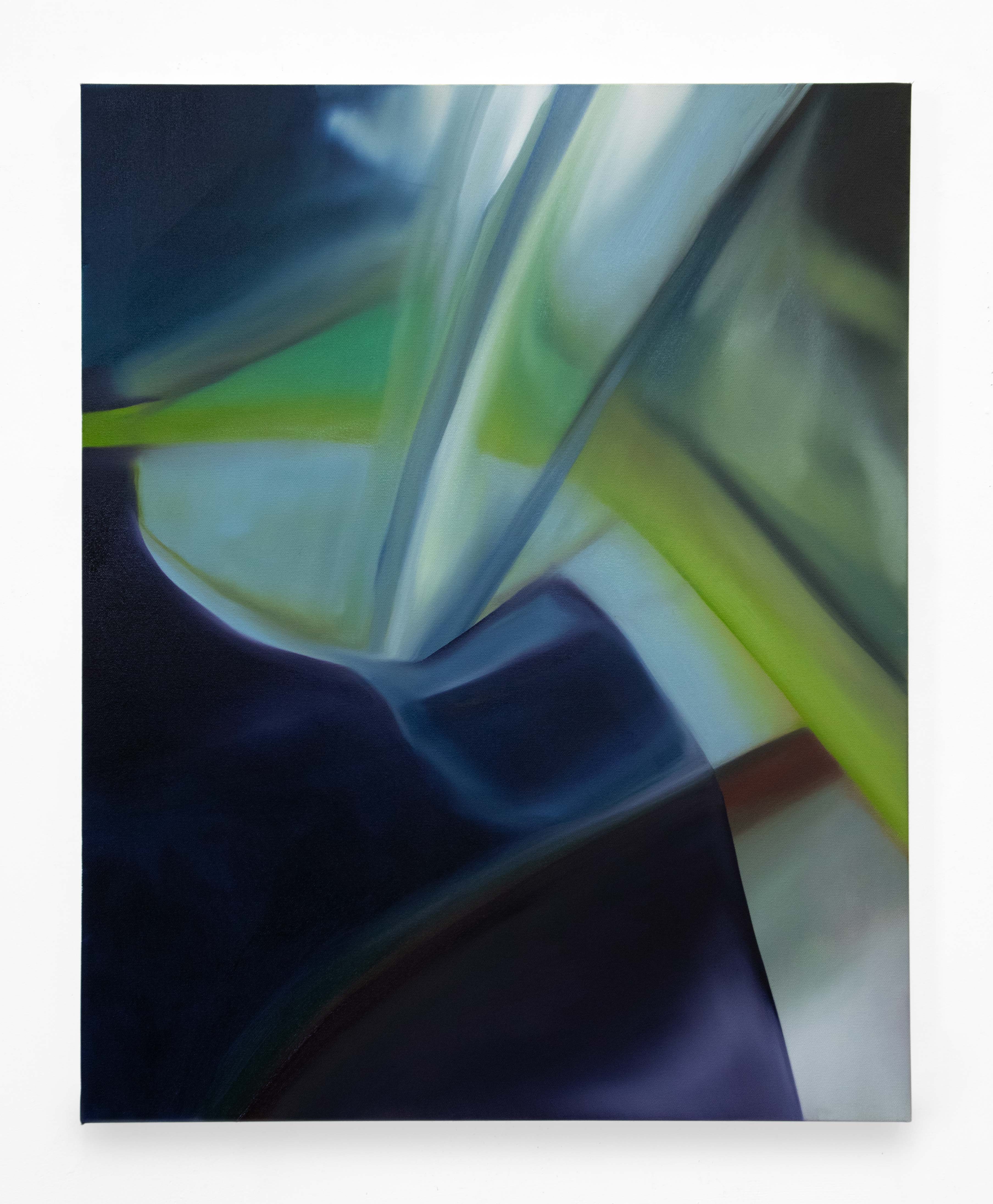 A vertical abstract painting by Caroline Coolidge with a dark blue smooth, layered bottom left half and a light, blue, turquoise, and lime green section on the top right of interposing layers of paint that resemble light.