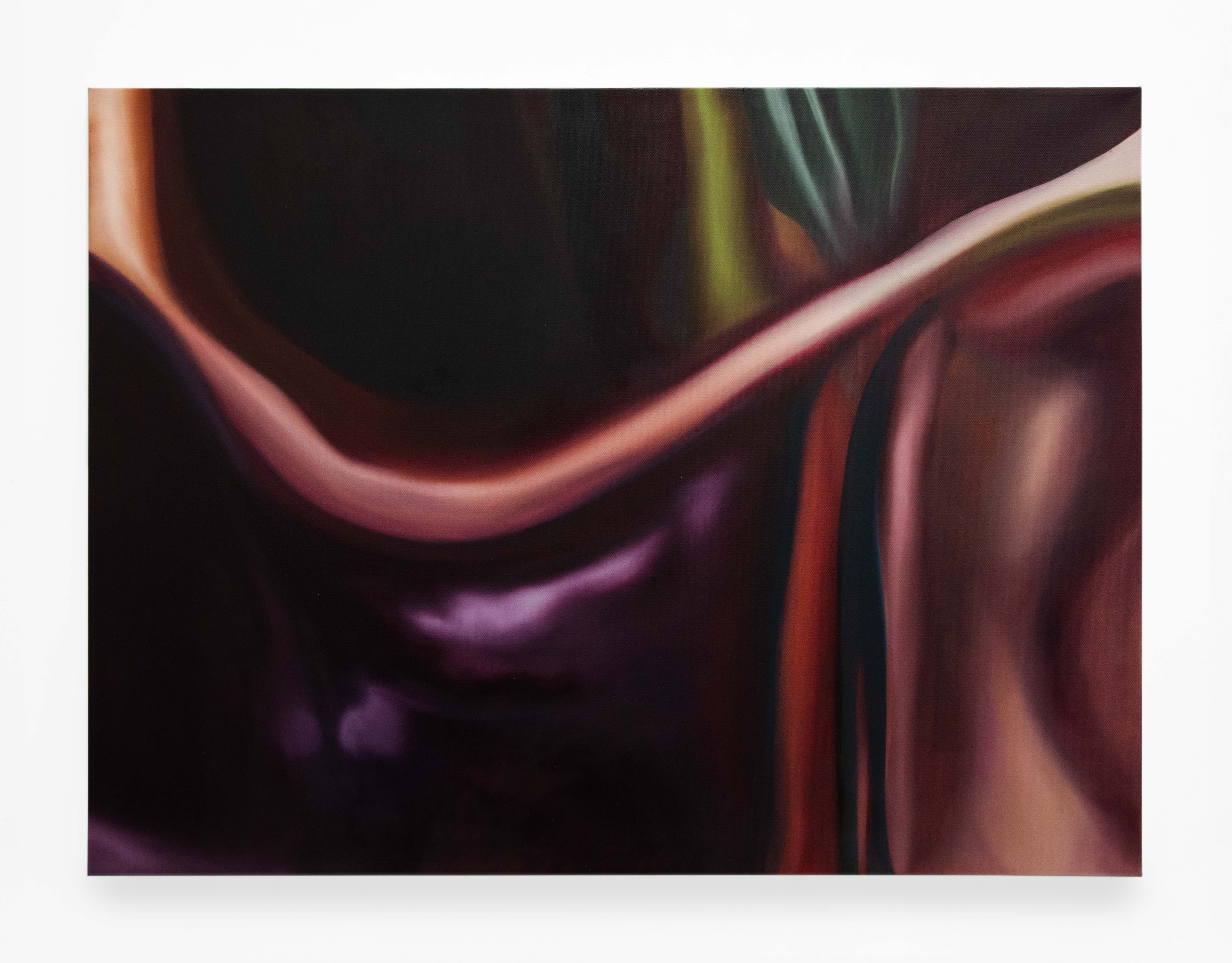 A dark, deep, eggplant color dominates this horizontal abstract painting by Caroline Coolidge and includes a dramatic curved, silver pink line that curves down, and across the center of the painting, where it meets other lines and shapes on the right side.