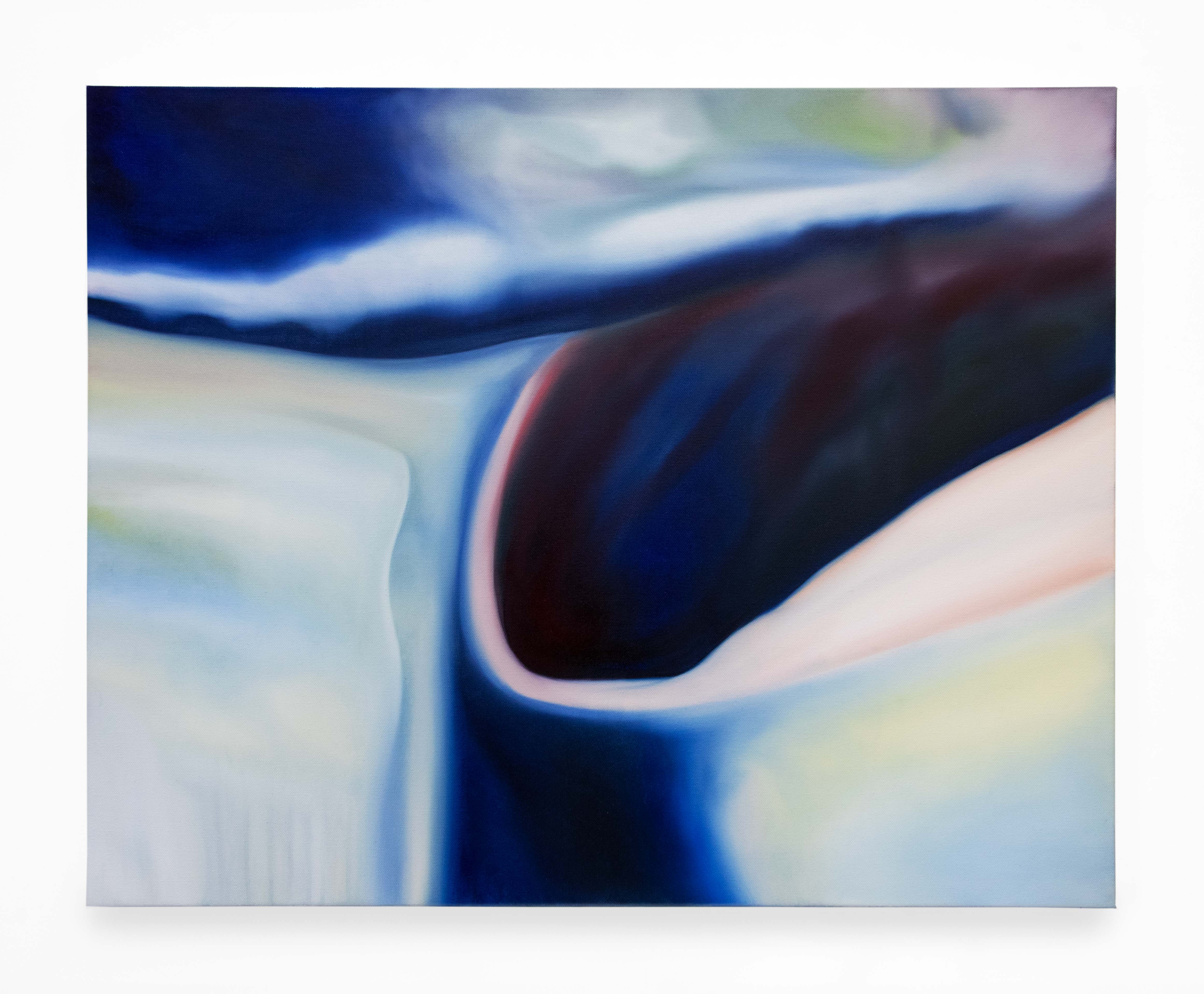A horizontal abstract painting by artist Caroline Coolidge, featuring three large shapes of dark blue, the most prominent being in the center left and curved, and other sections of fluffy, illustrative white, pale pink, and pale yellow paint.