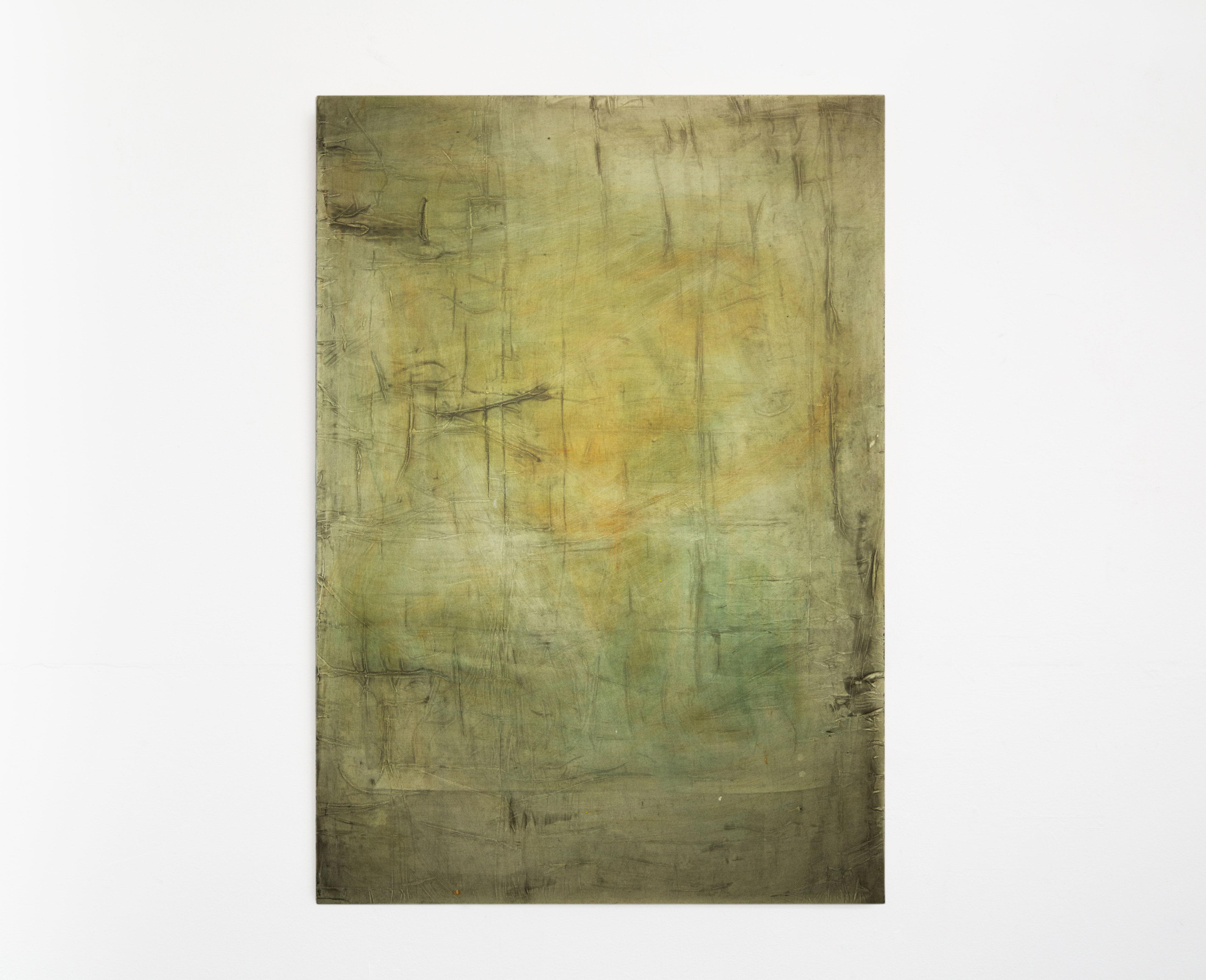 An atmospheric, lime green and grey yellow, vertical, abstract painting by Caroline Coolidge with subtle marks primarily drawn at right angles to the painting’s edge.