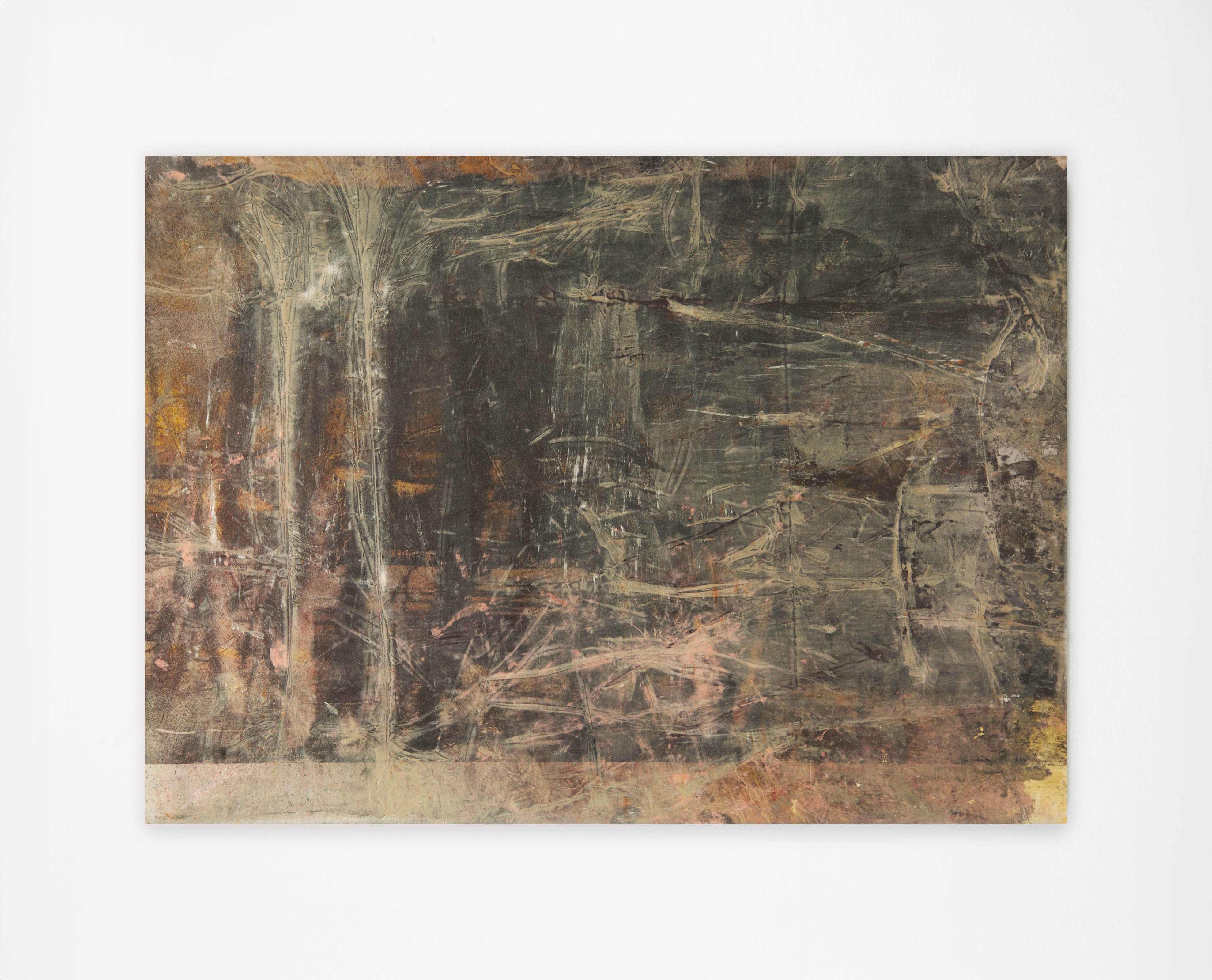 A horizontal abstract painting by artist Caroline Coolidge with a dark grey base and translucent light tan, pink, and yellow layers obscuring the darker sections below.