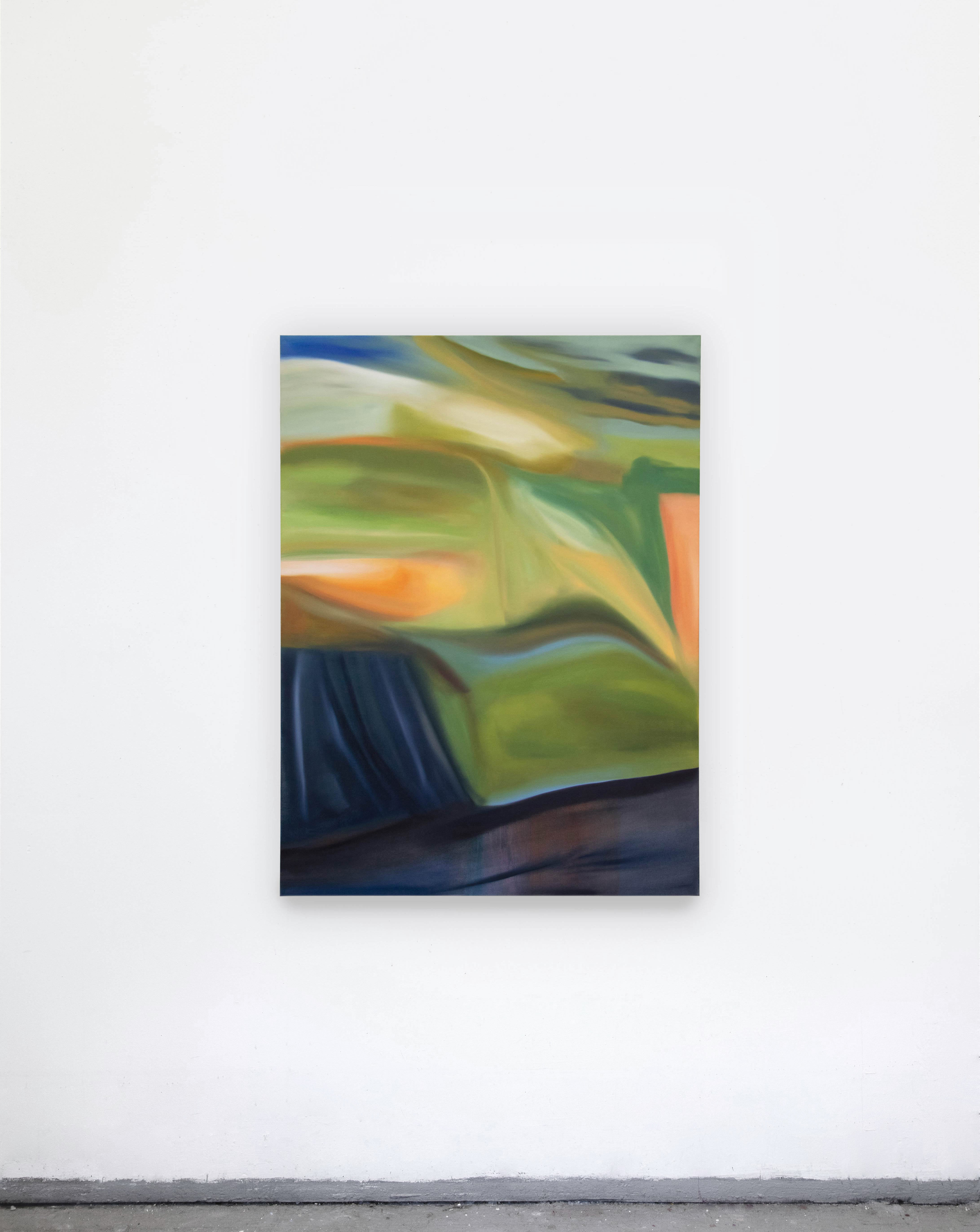A vertical abstract painting by Caroline Coolidge, installed on a white wall, with the top two-thirds of the painting being smooth and ranging in green, tan, orange, and blue tones, and the bottom third in dark blue and more textural and rough.