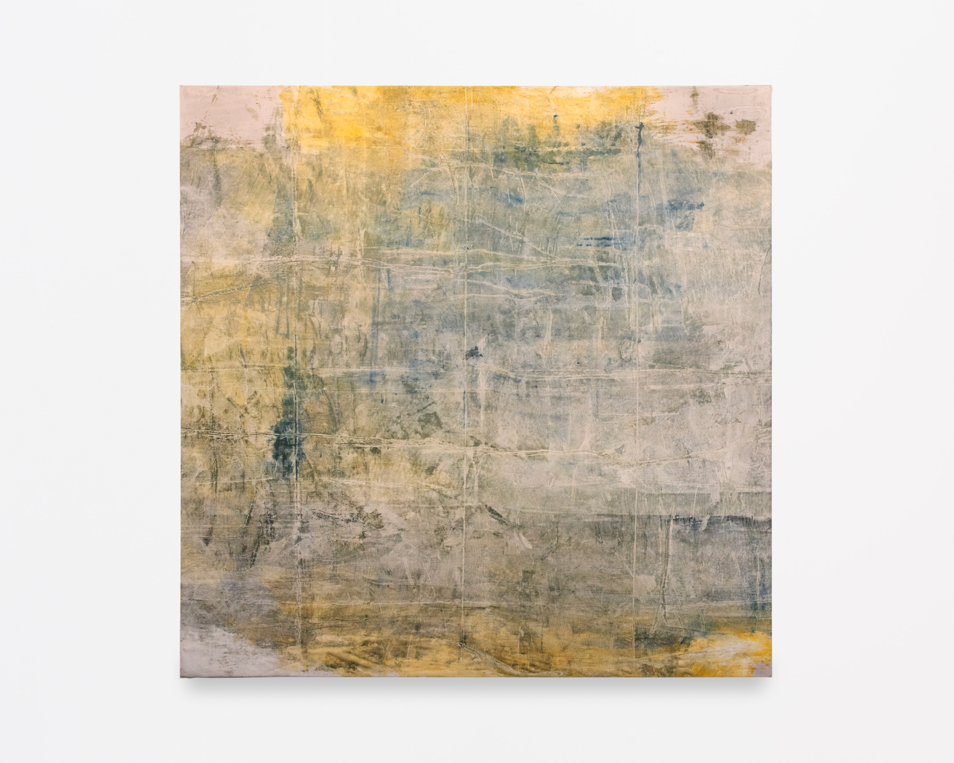 A square abstract painting by Caroline Coolidge that is predominantly blue, yellow, and pale gray with wavy lines creating a loose grid.