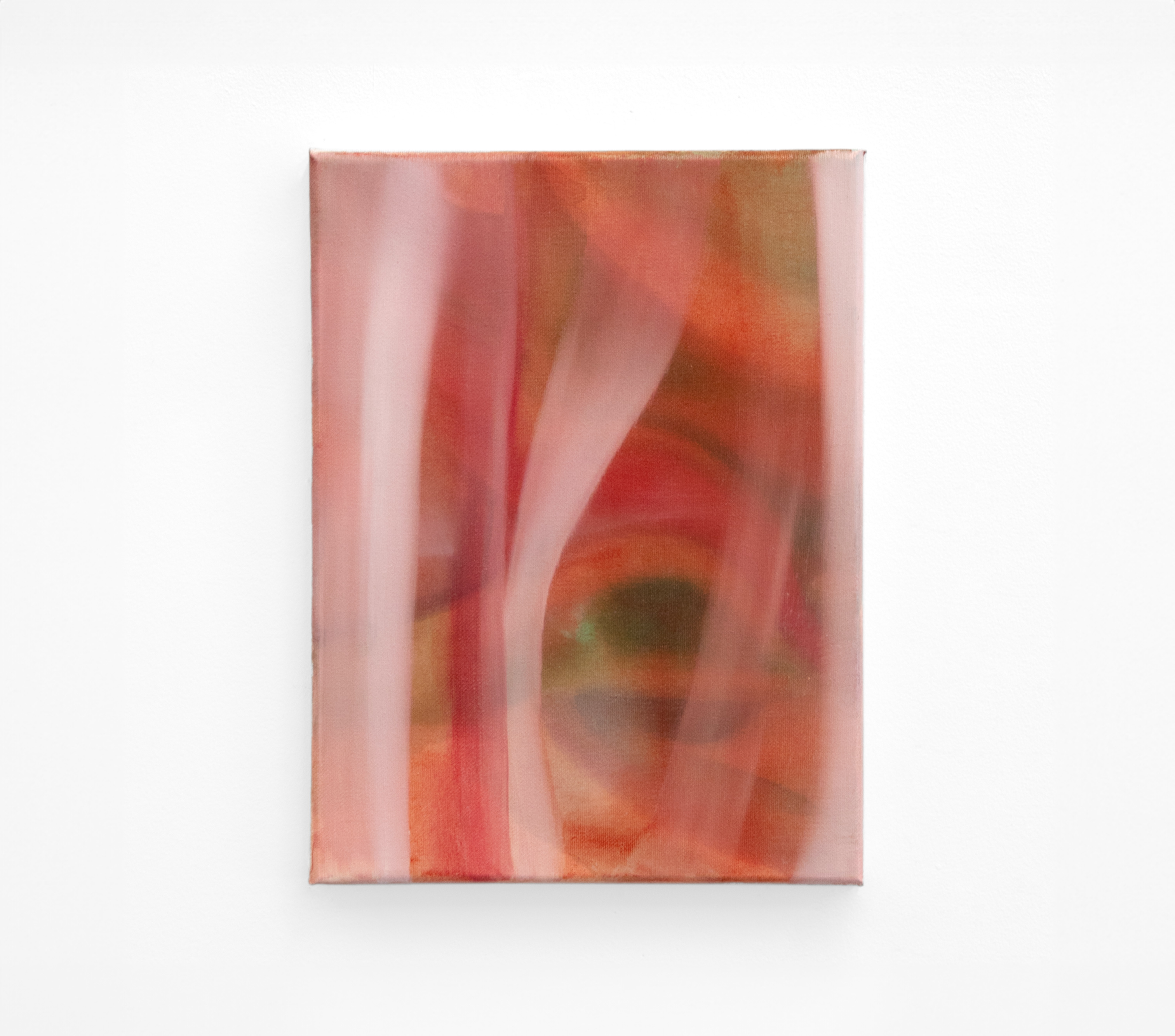 A vertical painting by artist Caroline Coolidge on a white wall that is predominantly pink and red, with touches of green and dark brown in the shape of an eye.