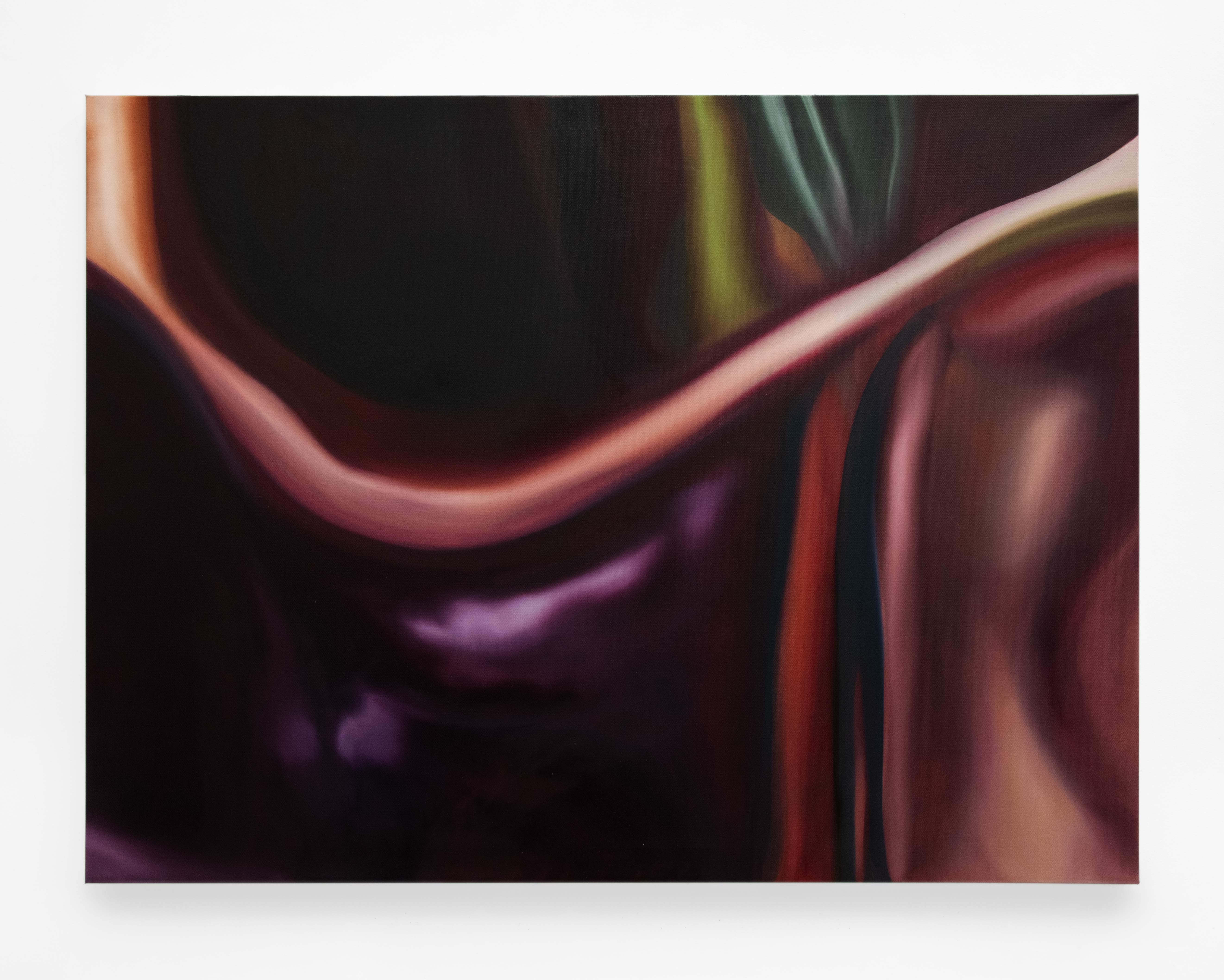 A dark, deep, eggplant color dominates this horizontal abstract painting by Caroline Coolidge and includes a dramatic, curved, silver pink line that curves down and across the center of the painting, where it meets other lines and shapes on the right side.