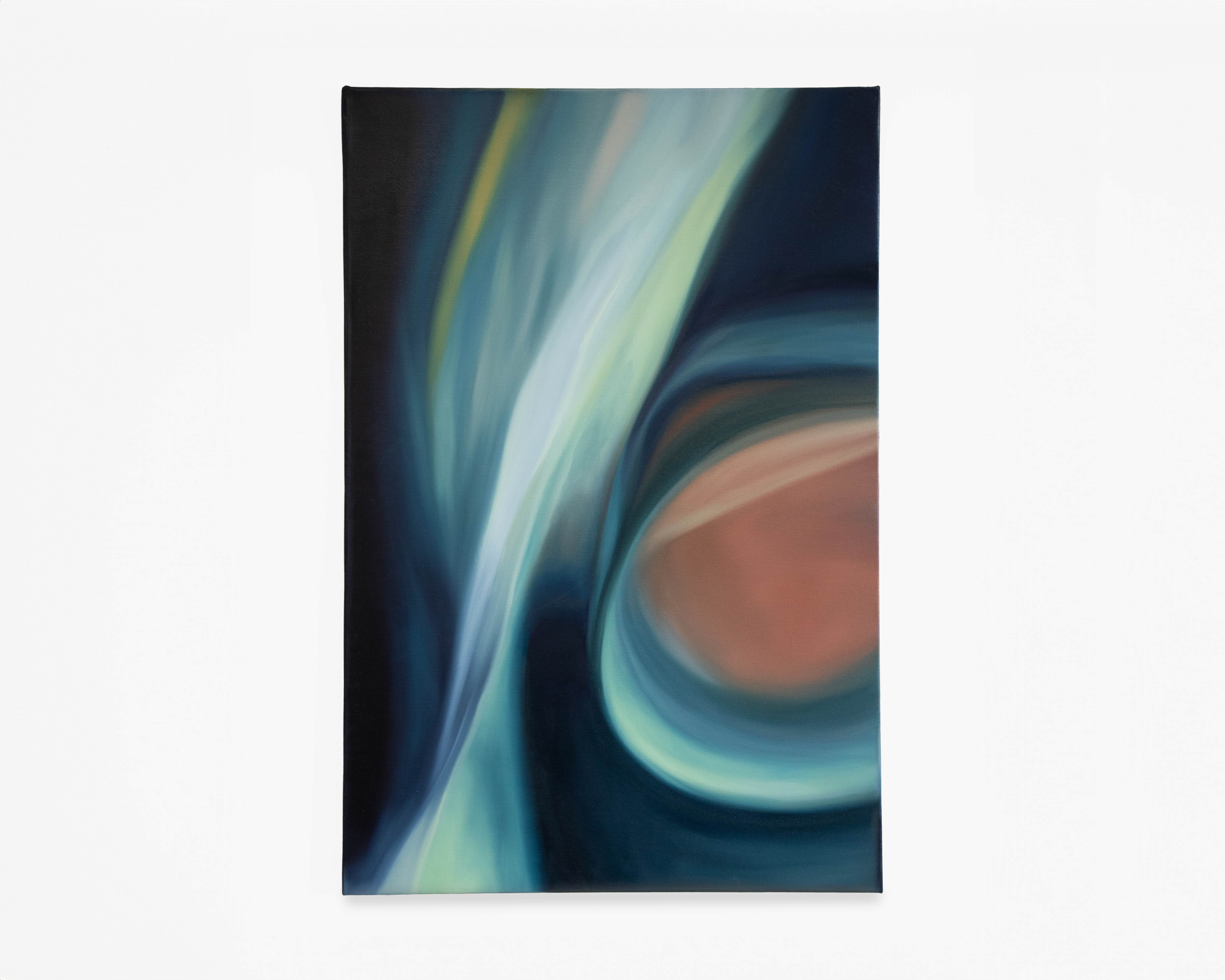 A vertical painting by Caroline Coolidge with a dark blue background and a twisting, light horizontal column on the left side, converging with the red-brown circular shape on the right.