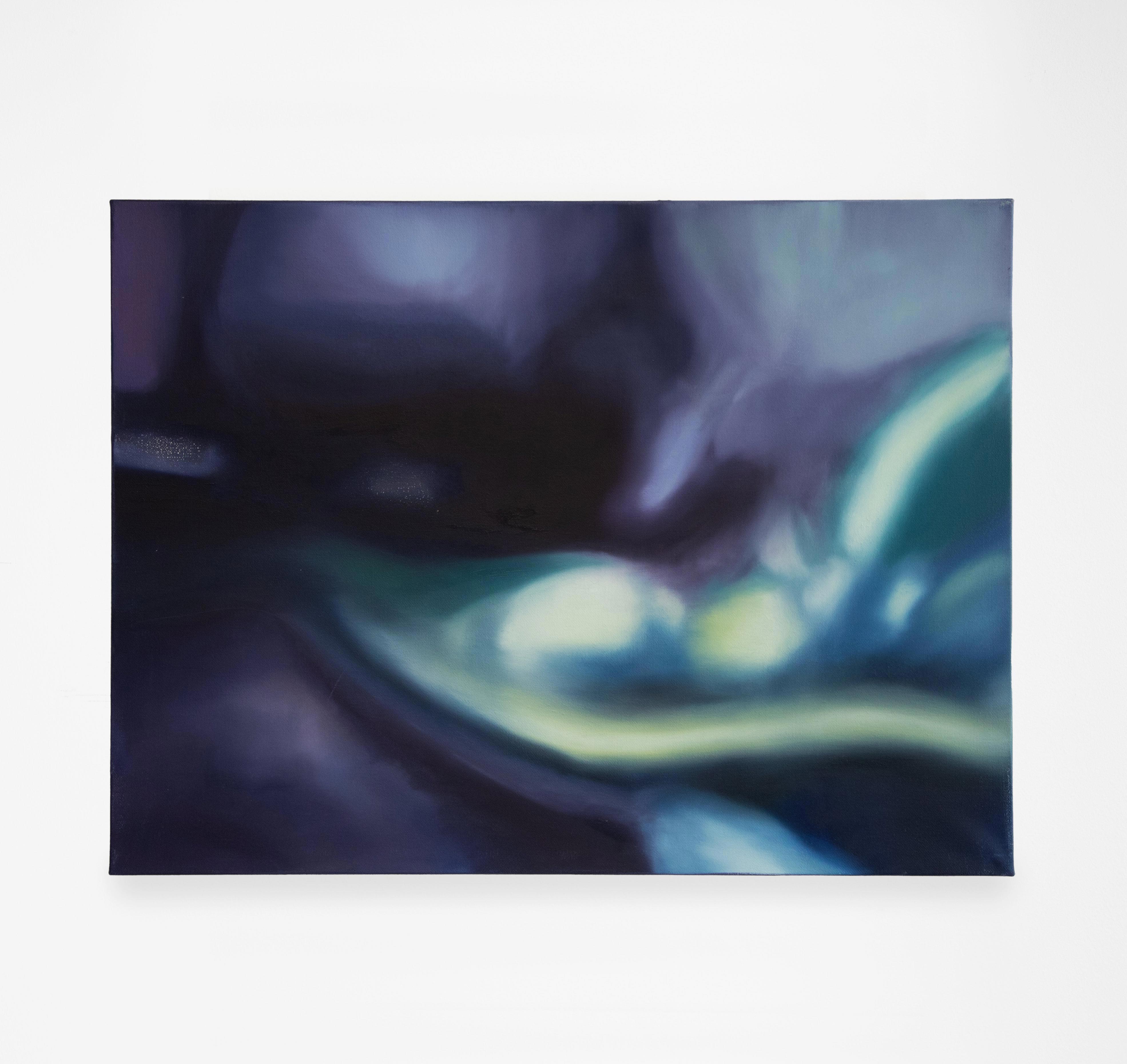 A horizontal, dark blue, purple, green, and white abstract painting of undulating shapes by Caroline Coolidge on a white wall.